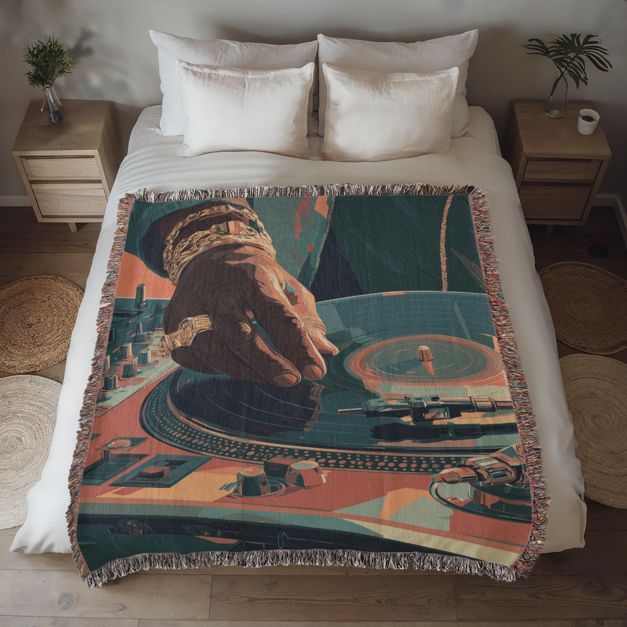 RETRO DJ TURNTABLE AND VINYL RECORD COTTON TAPESTRY THROW BLANKET