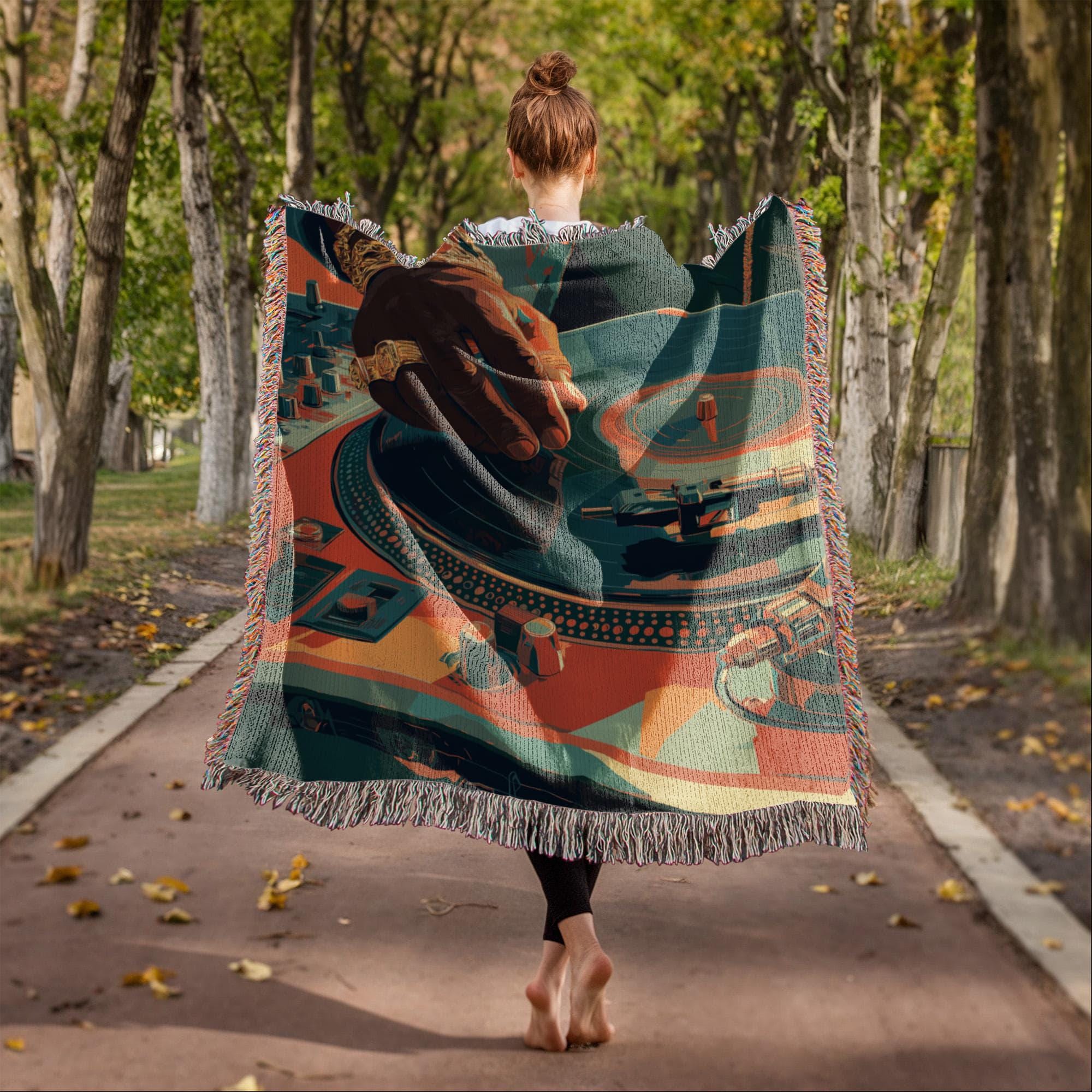 RETRO DJ TURNTABLE AND VINYL RECORD COTTON TAPESTRY THROW BLANKET - Image 4