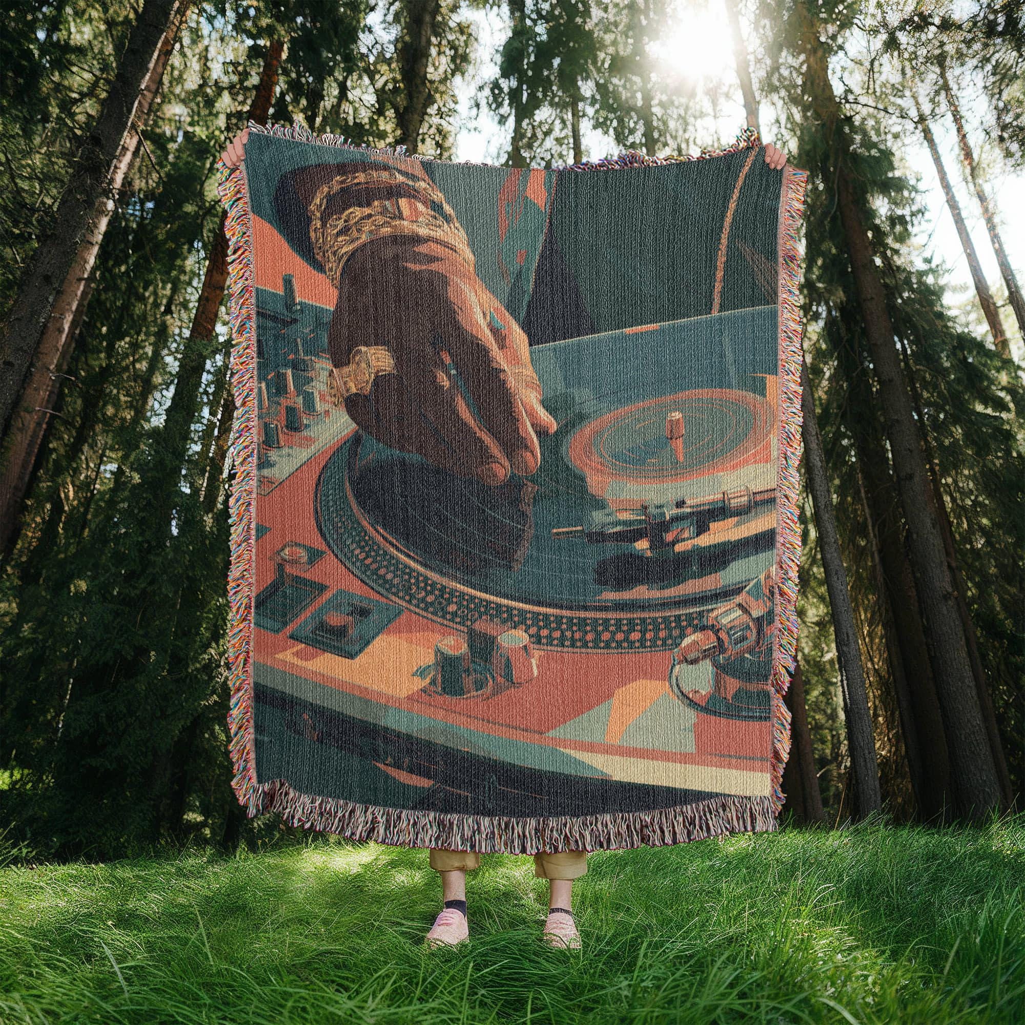RETRO DJ TURNTABLE AND VINYL RECORD COTTON TAPESTRY THROW BLANKET - Image 5