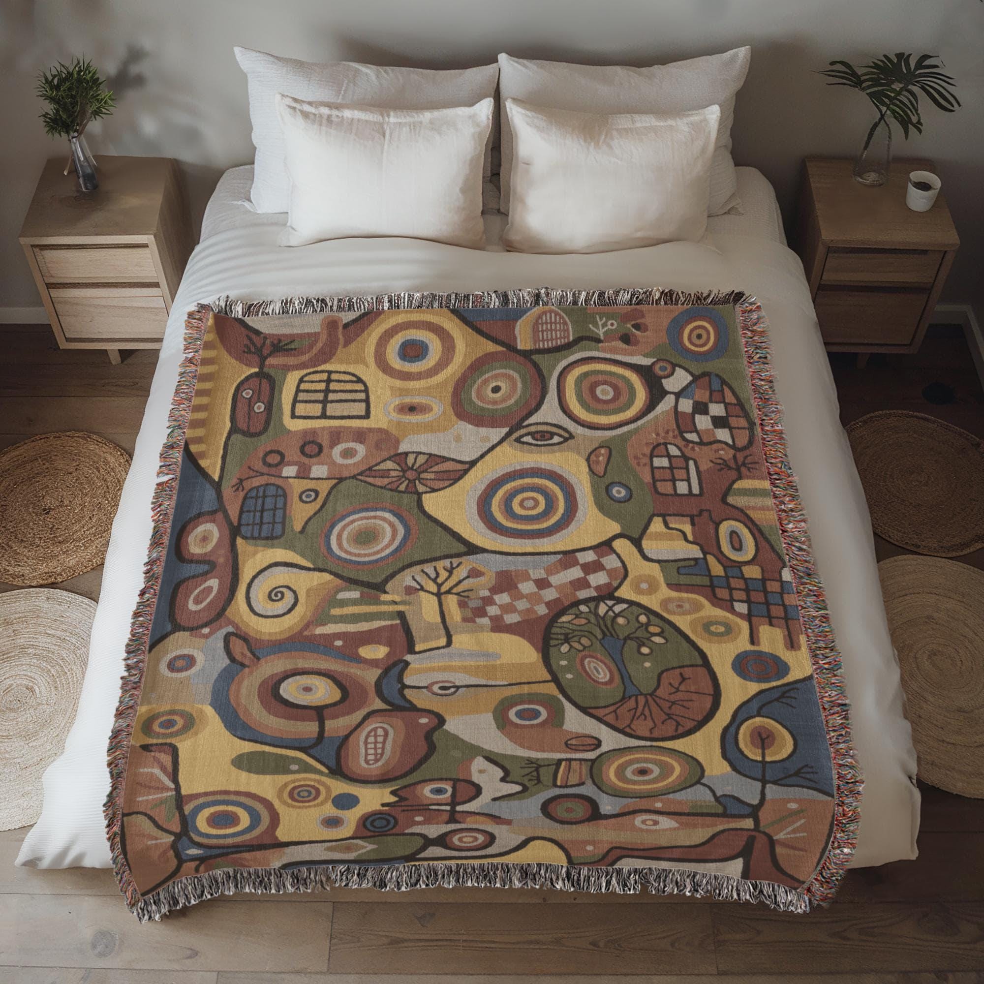 WHIMSICAL ABSTRACT GARDEN COTTON TAPESTRY THROW BLANKET
