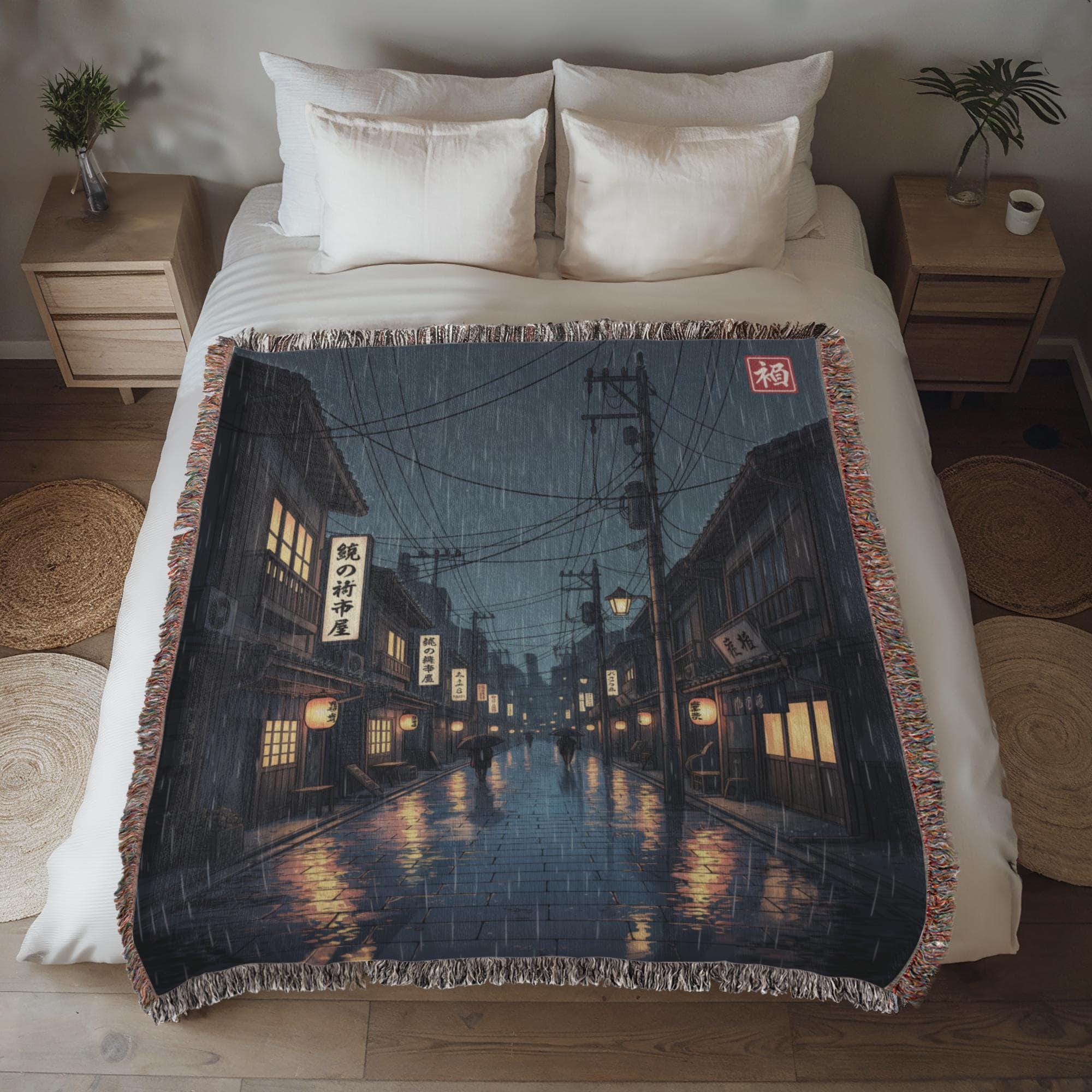 RAINY NIGHT IN OLD TOKYO COTTON TAPESTRY THROW BLANKET