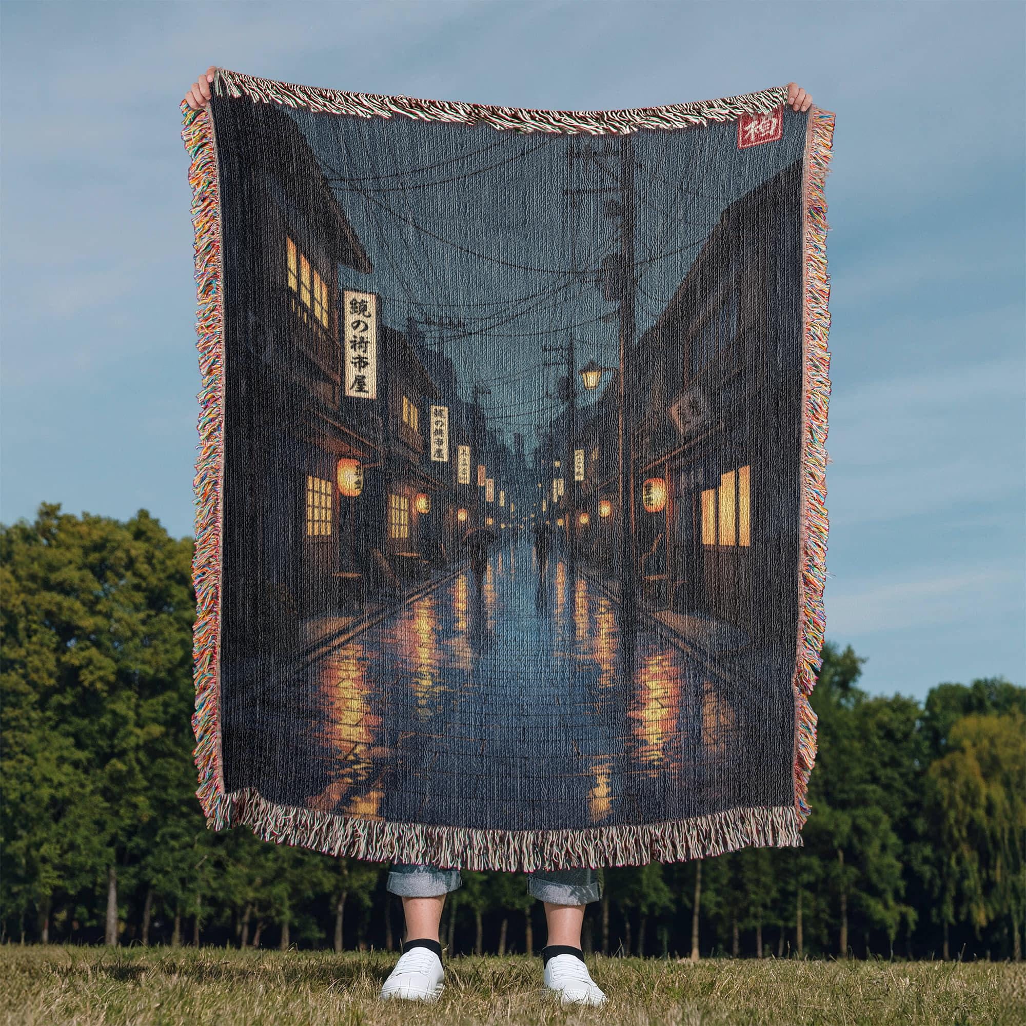 RAINY NIGHT IN OLD TOKYO COTTON TAPESTRY THROW BLANKET - Image 2