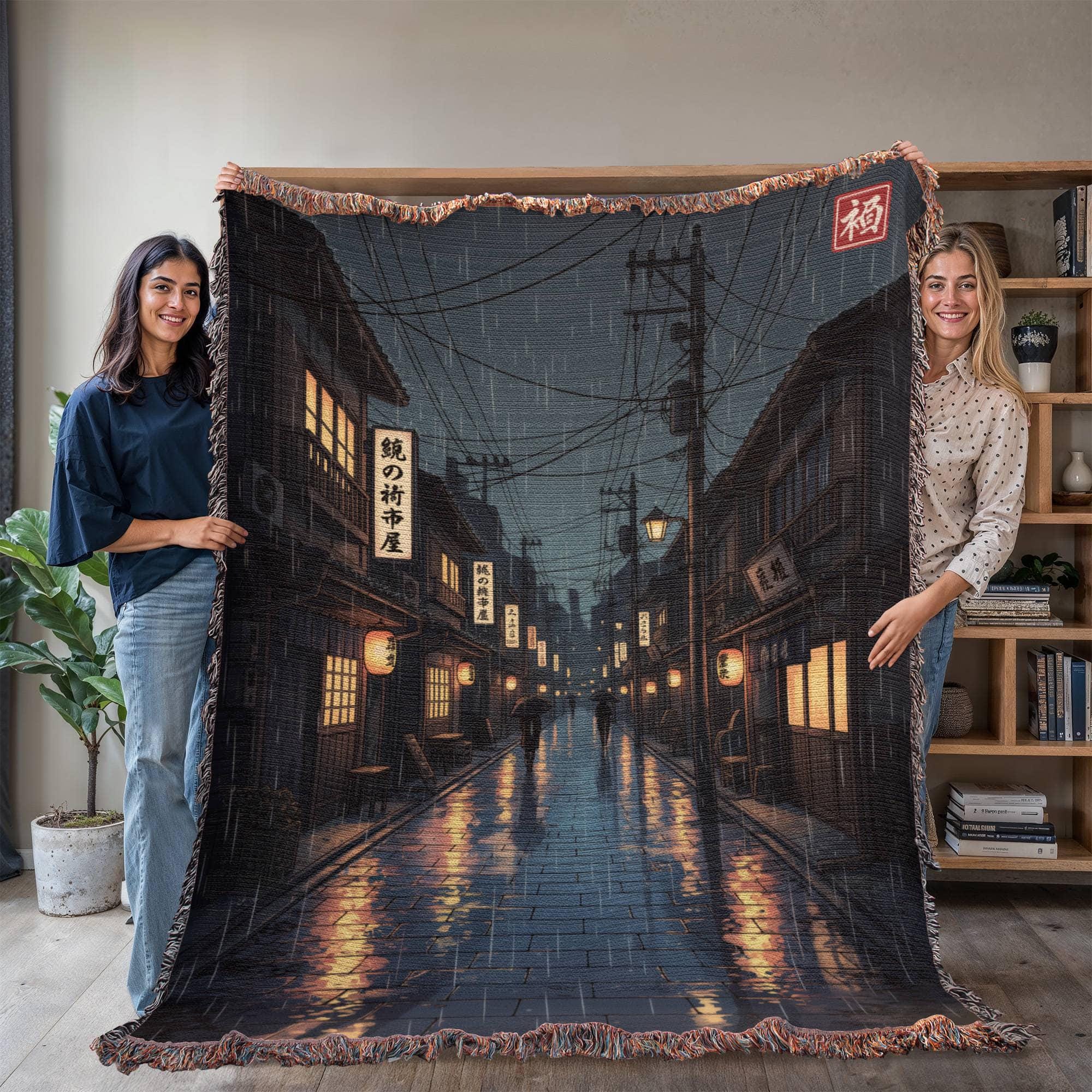RAINY NIGHT IN OLD TOKYO COTTON TAPESTRY THROW BLANKET - Image 3