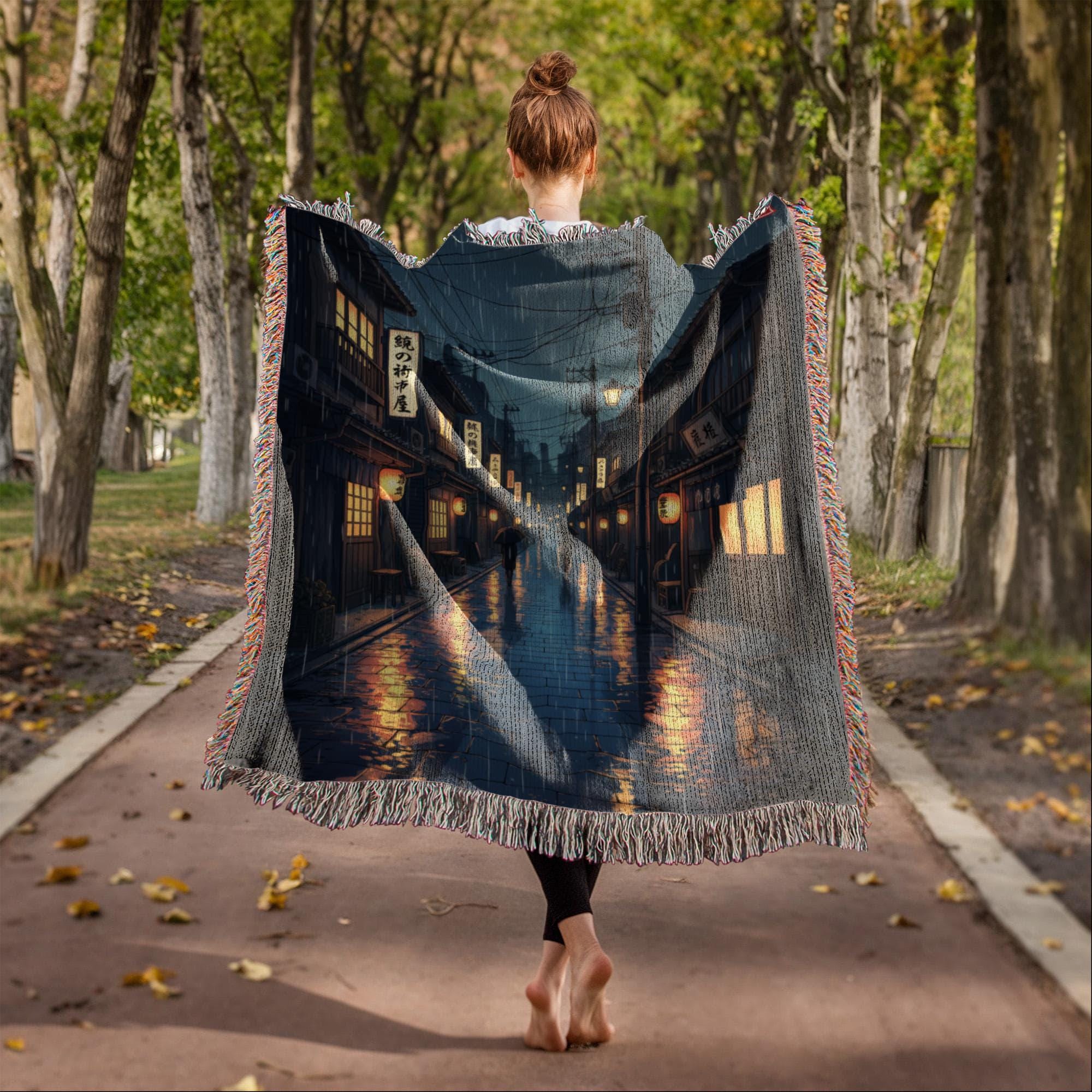 RAINY NIGHT IN OLD TOKYO COTTON TAPESTRY THROW BLANKET - Image 4