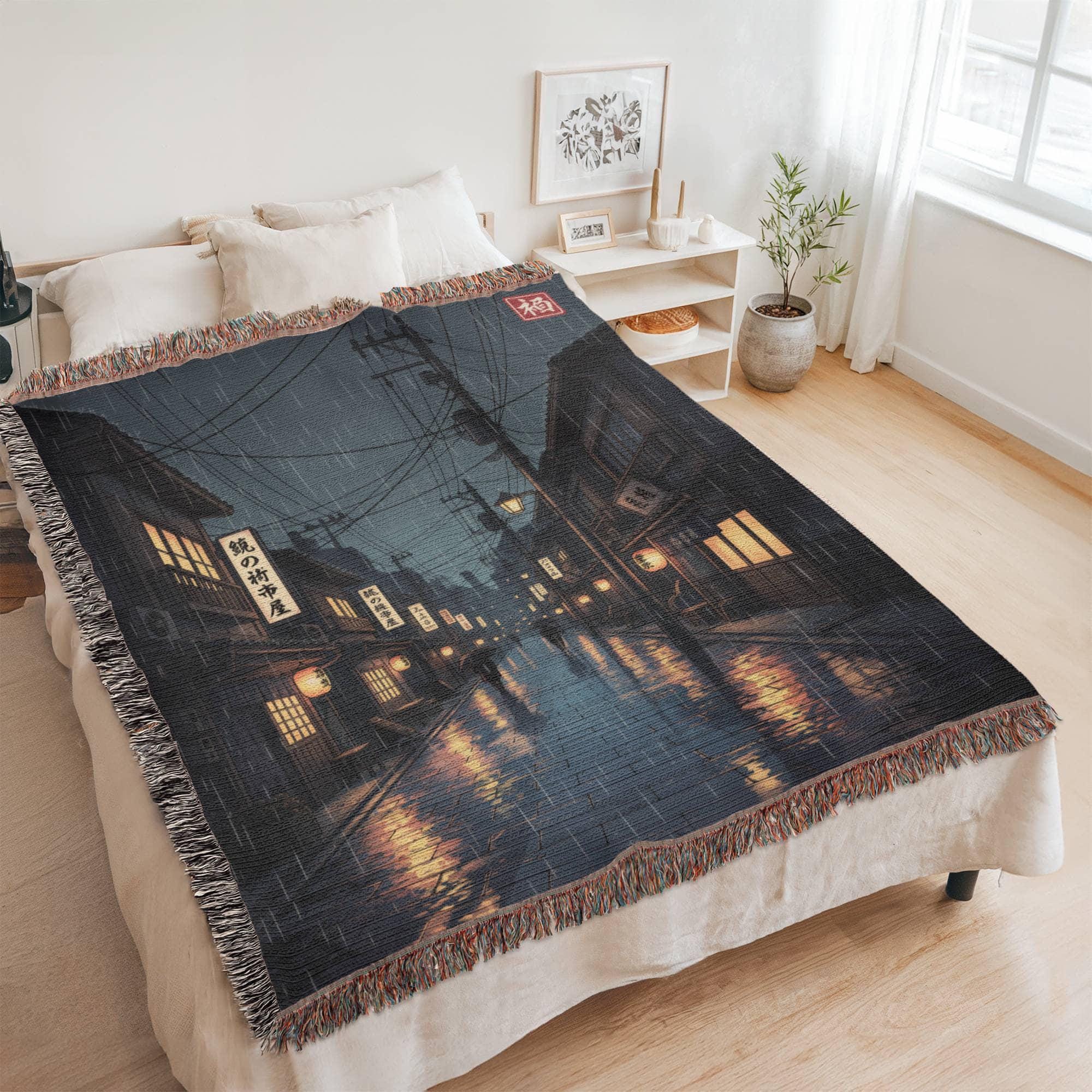RAINY NIGHT IN OLD TOKYO COTTON TAPESTRY THROW BLANKET - Image 5