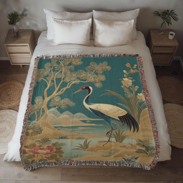 ELEGANT CRANE BY PINE AND LOTUS POND COTTON TAPESTRY THROW BLANKET