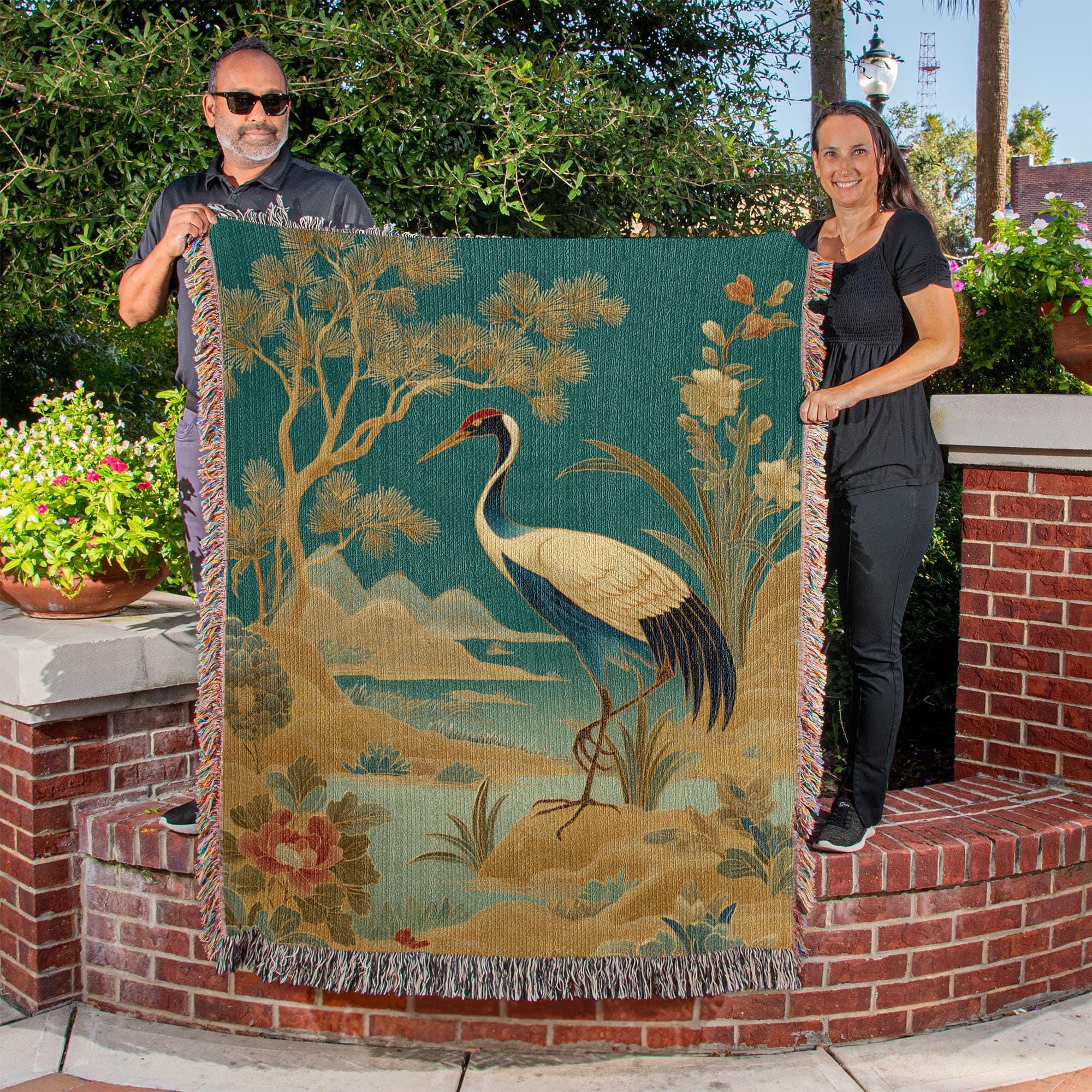 ELEGANT CRANE BY PINE AND LOTUS POND COTTON TAPESTRY THROW BLANKET - Image 2