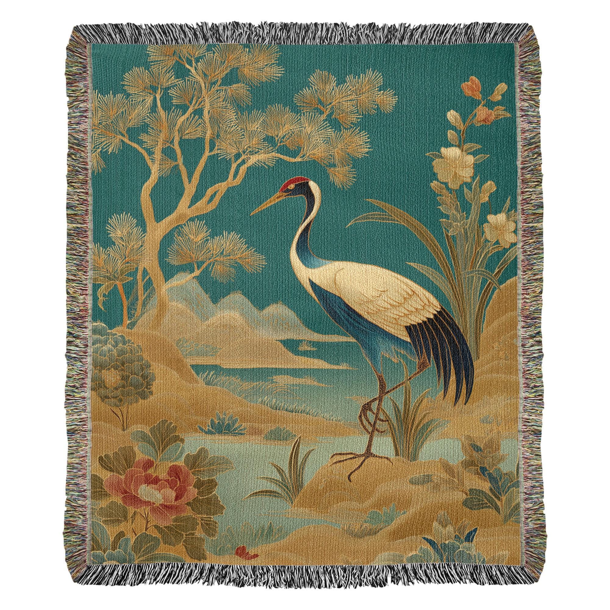 ELEGANT CRANE BY PINE AND LOTUS POND COTTON TAPESTRY THROW BLANKET - Image 3