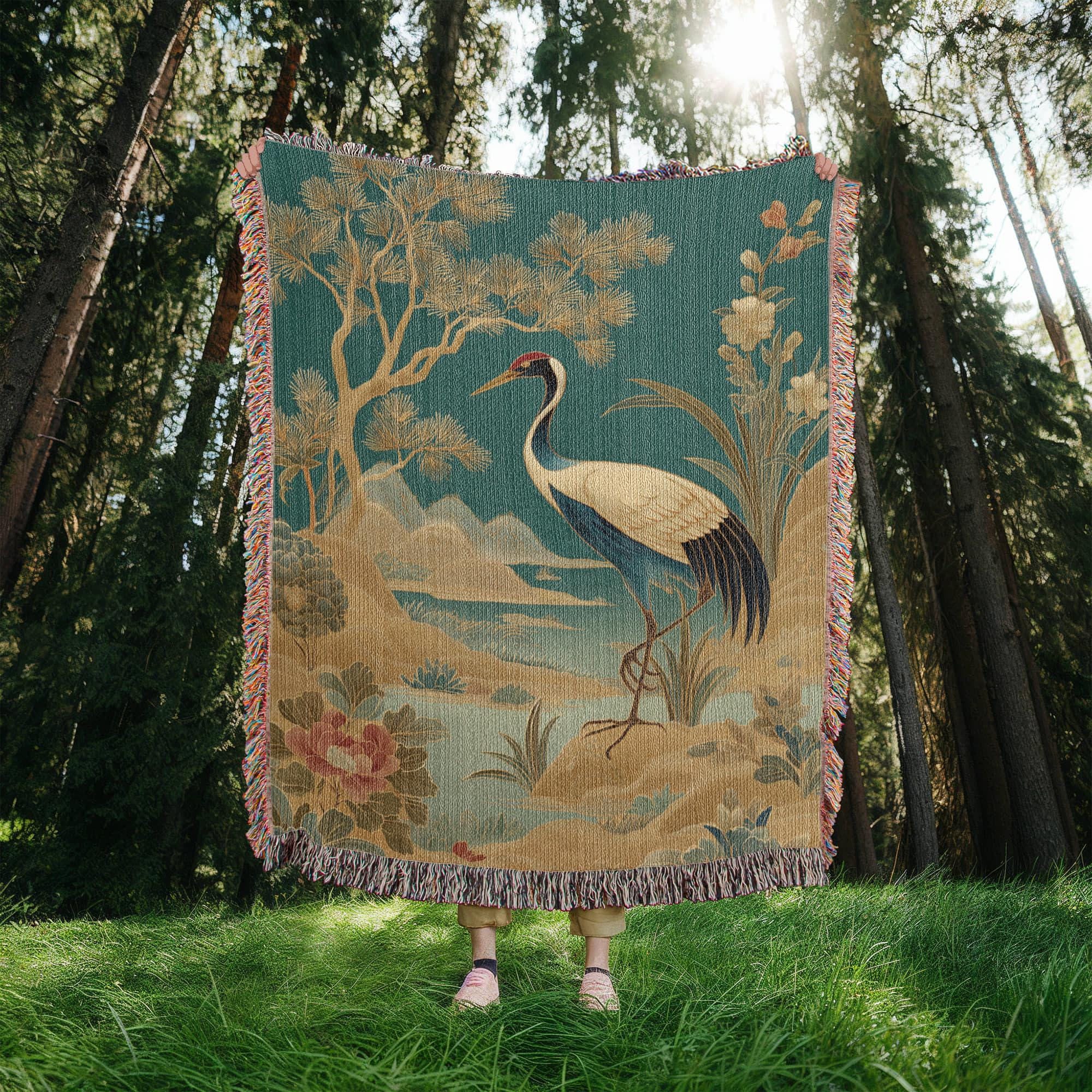 ELEGANT CRANE BY PINE AND LOTUS POND COTTON TAPESTRY THROW BLANKET - Image 4