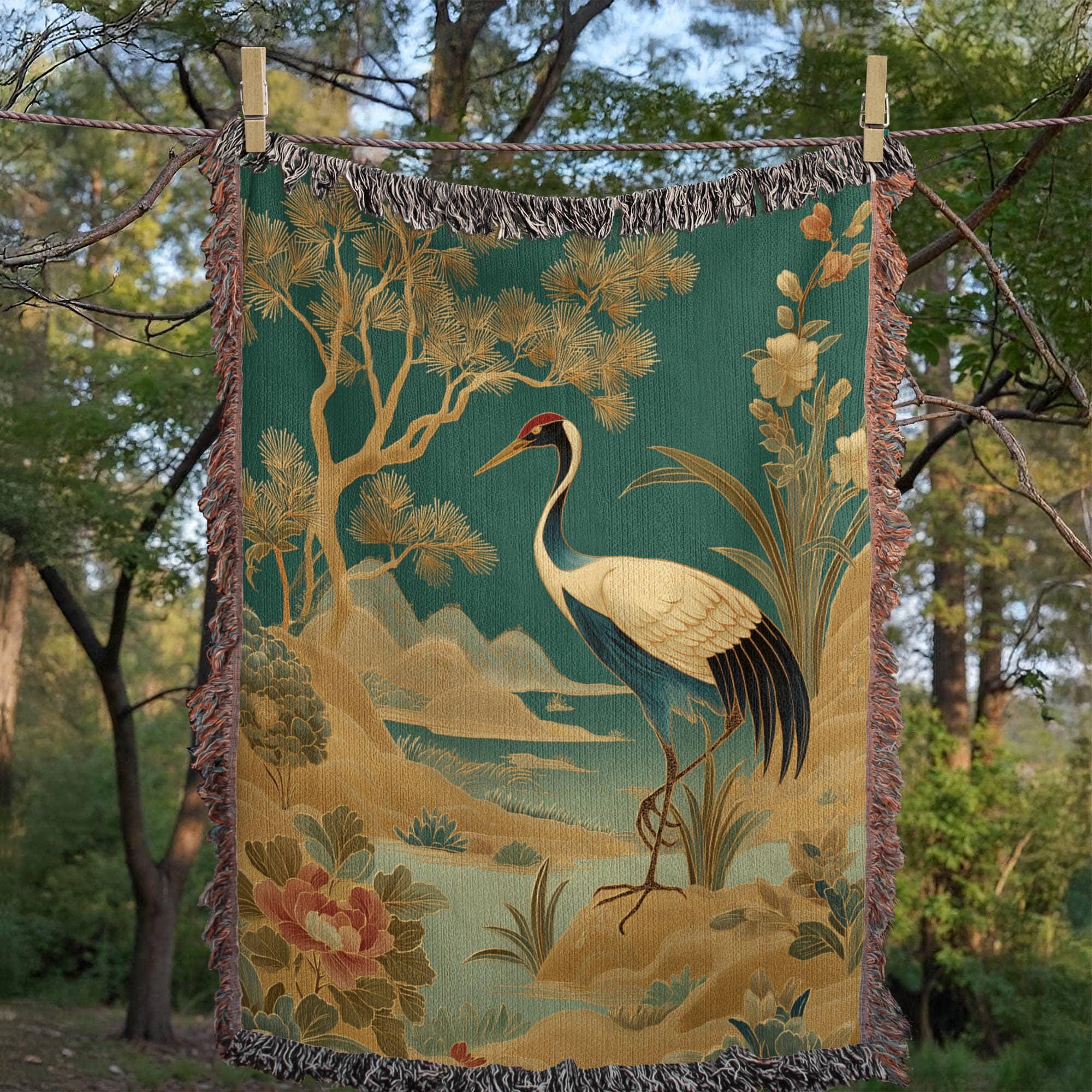 ELEGANT CRANE BY PINE AND LOTUS POND COTTON TAPESTRY THROW BLANKET - Image 5