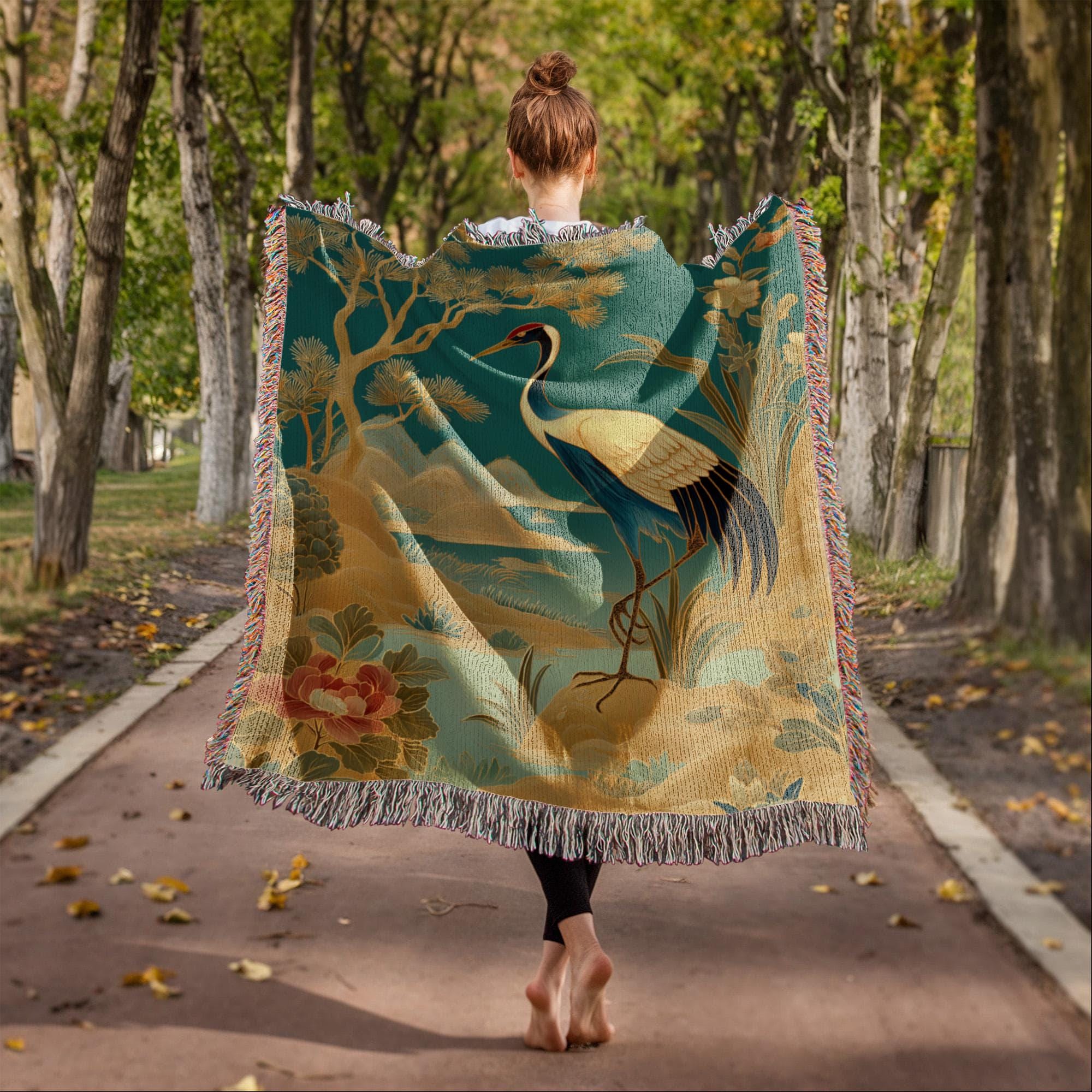ELEGANT CRANE BY PINE AND LOTUS POND COTTON TAPESTRY THROW BLANKET - Image 6