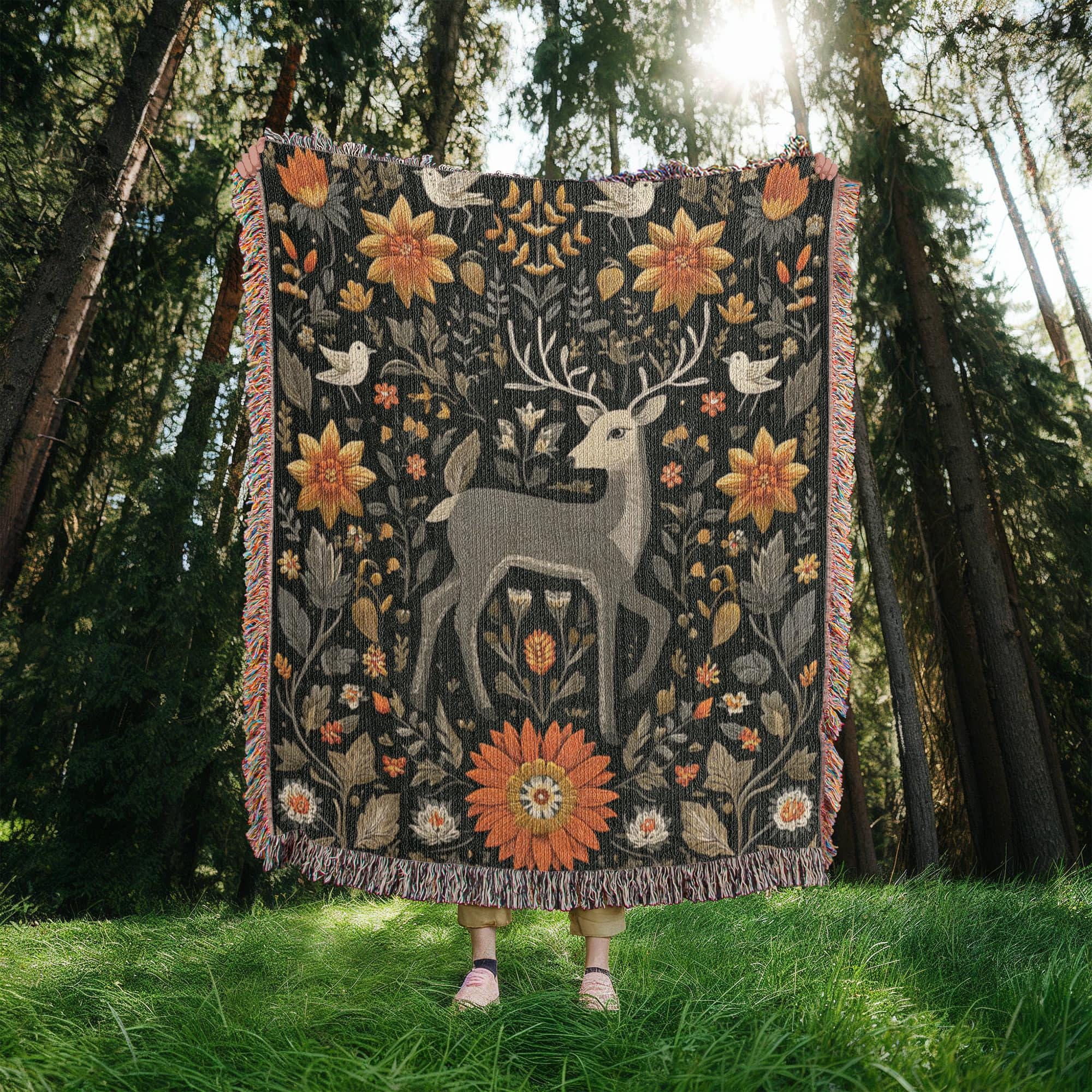 ENCHANTED FOREST DEER AND WILDFLOWERS COTTON TAPESTRY THROW BLANKET - Image 4