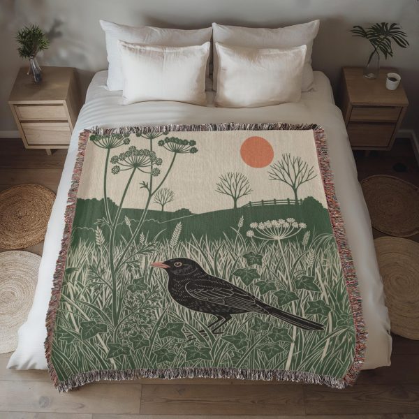 SUNSET BLACKBIRD IN THE WILDFLOWER MEADOW COTTON TAPESTRY THROW BLANKET
