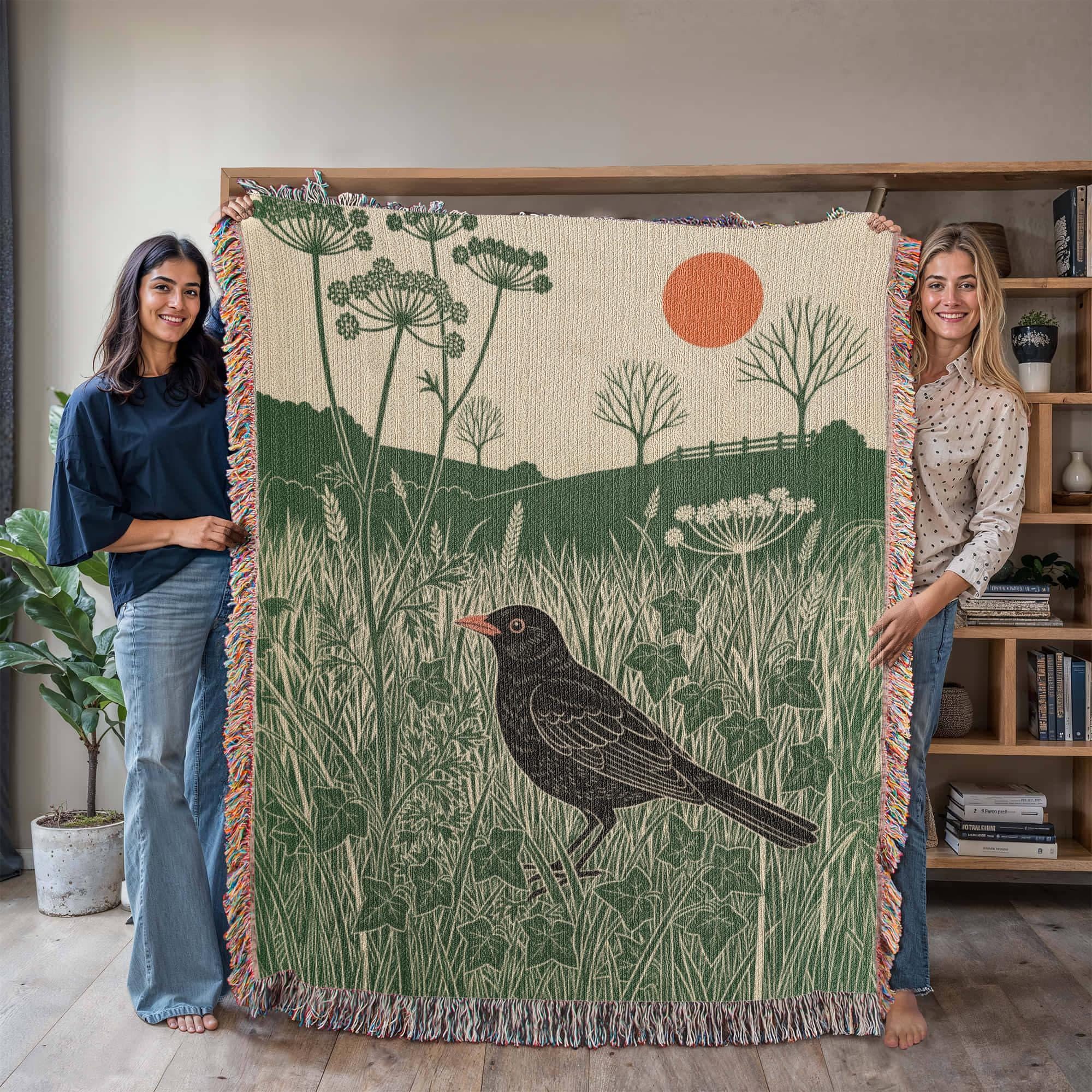 SUNSET BLACKBIRD IN THE WILDFLOWER MEADOW COTTON TAPESTRY THROW BLANKET - Image 2