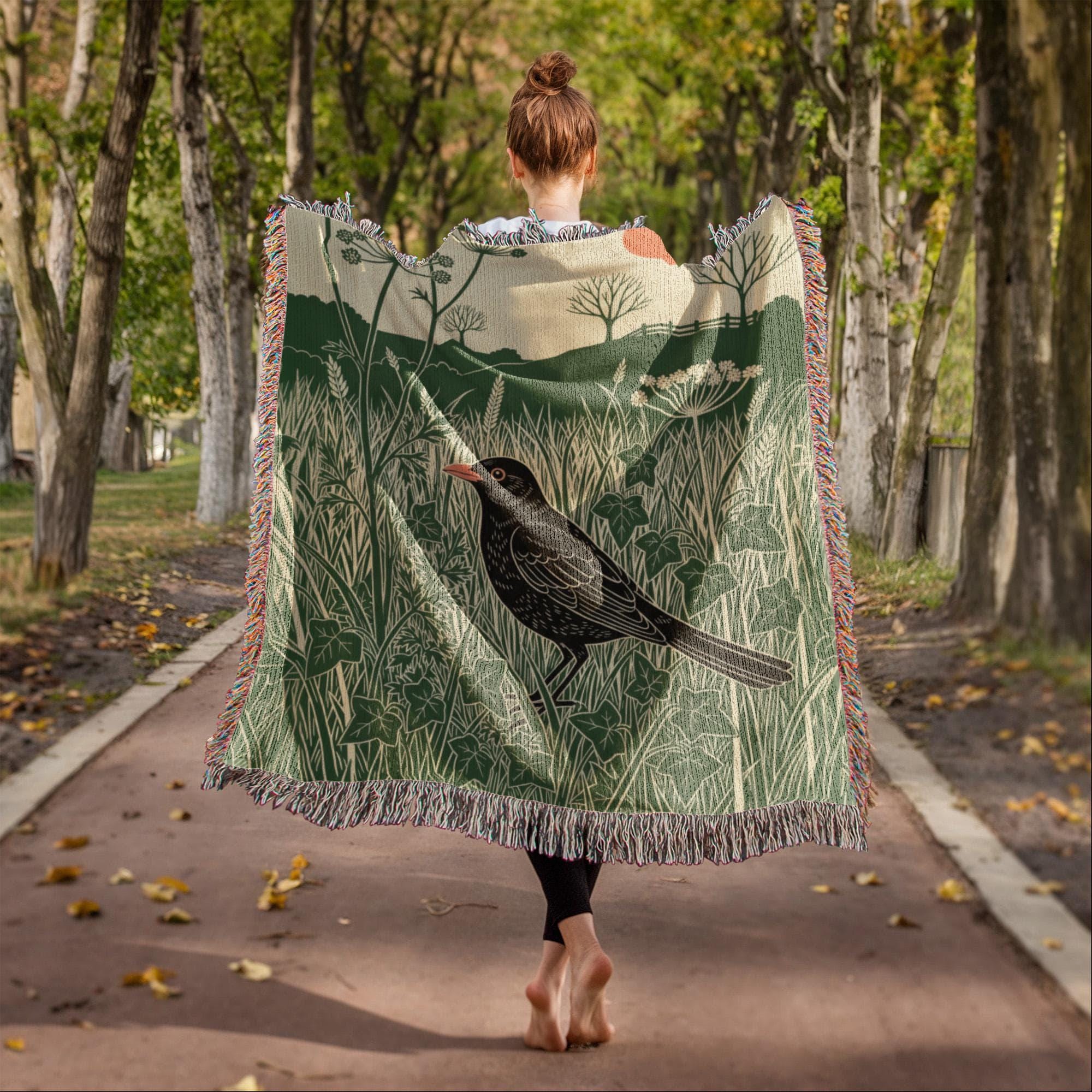 SUNSET BLACKBIRD IN THE WILDFLOWER MEADOW COTTON TAPESTRY THROW BLANKET - Image 3