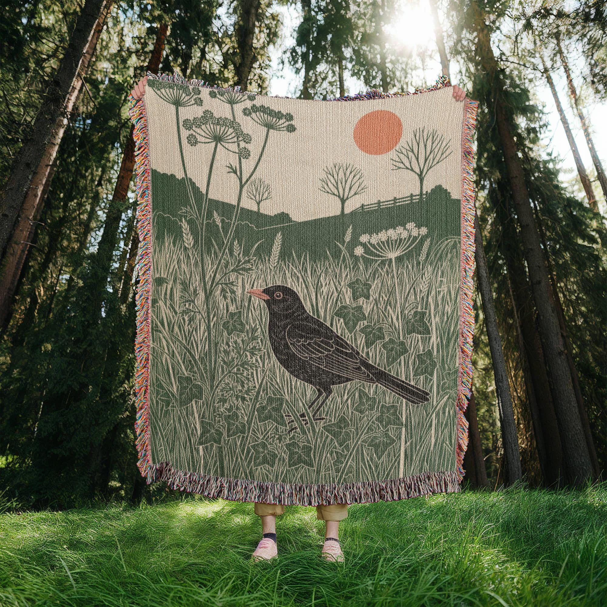 SUNSET BLACKBIRD IN THE WILDFLOWER MEADOW COTTON TAPESTRY THROW BLANKET - Image 4
