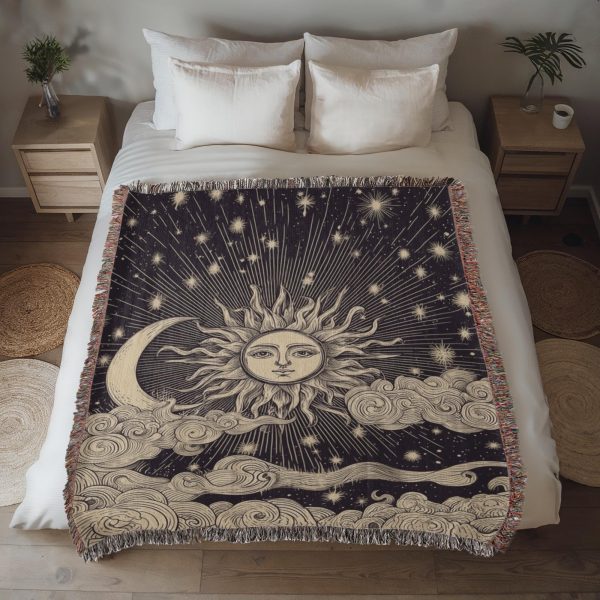 CELESTIAL SUN MOON AND STARRY SKY COTTON TAPESTRY THROW BLANKET