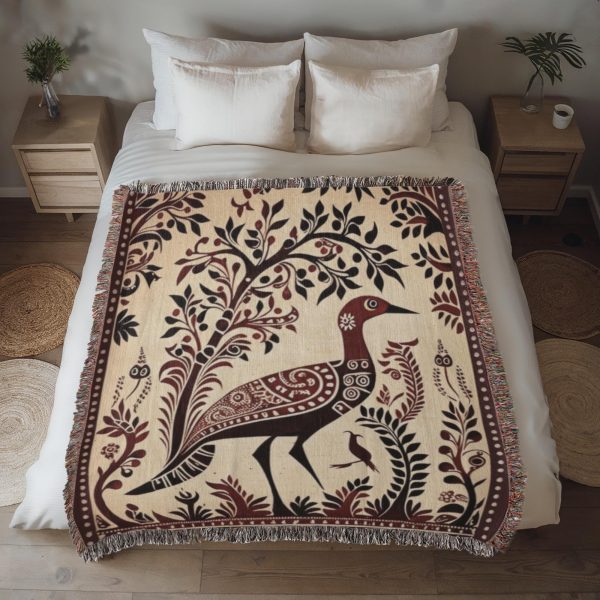 FOLK ART PEACOCK AND BOTANICAL TREE COTTON TAPESTRY THROW BLANKET