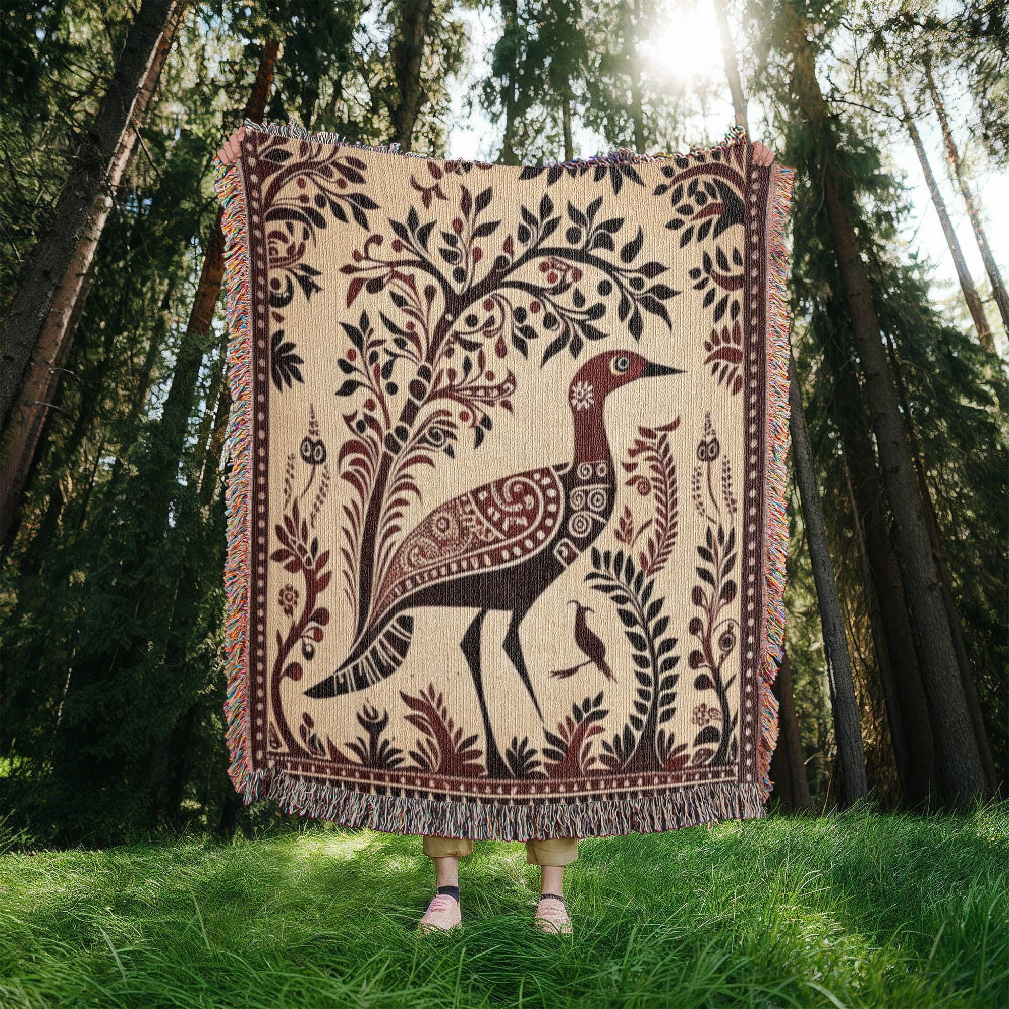 FOLK ART PEACOCK AND BOTANICAL TREE COTTON TAPESTRY THROW BLANKET - Image 3