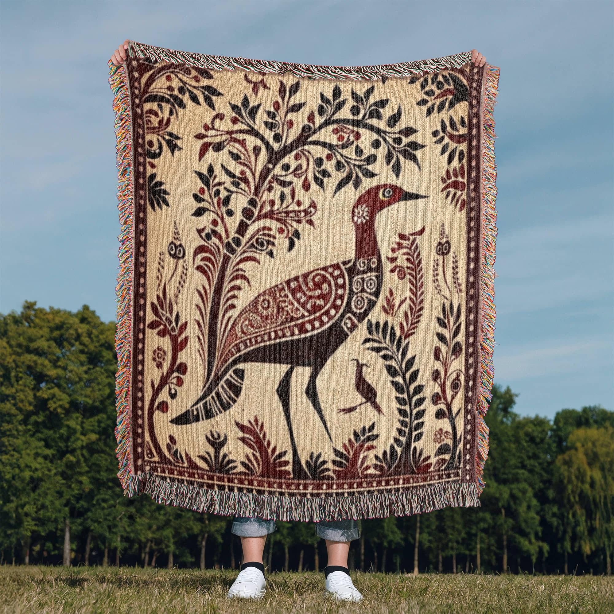 FOLK ART PEACOCK AND BOTANICAL TREE COTTON TAPESTRY THROW BLANKET - Image 5