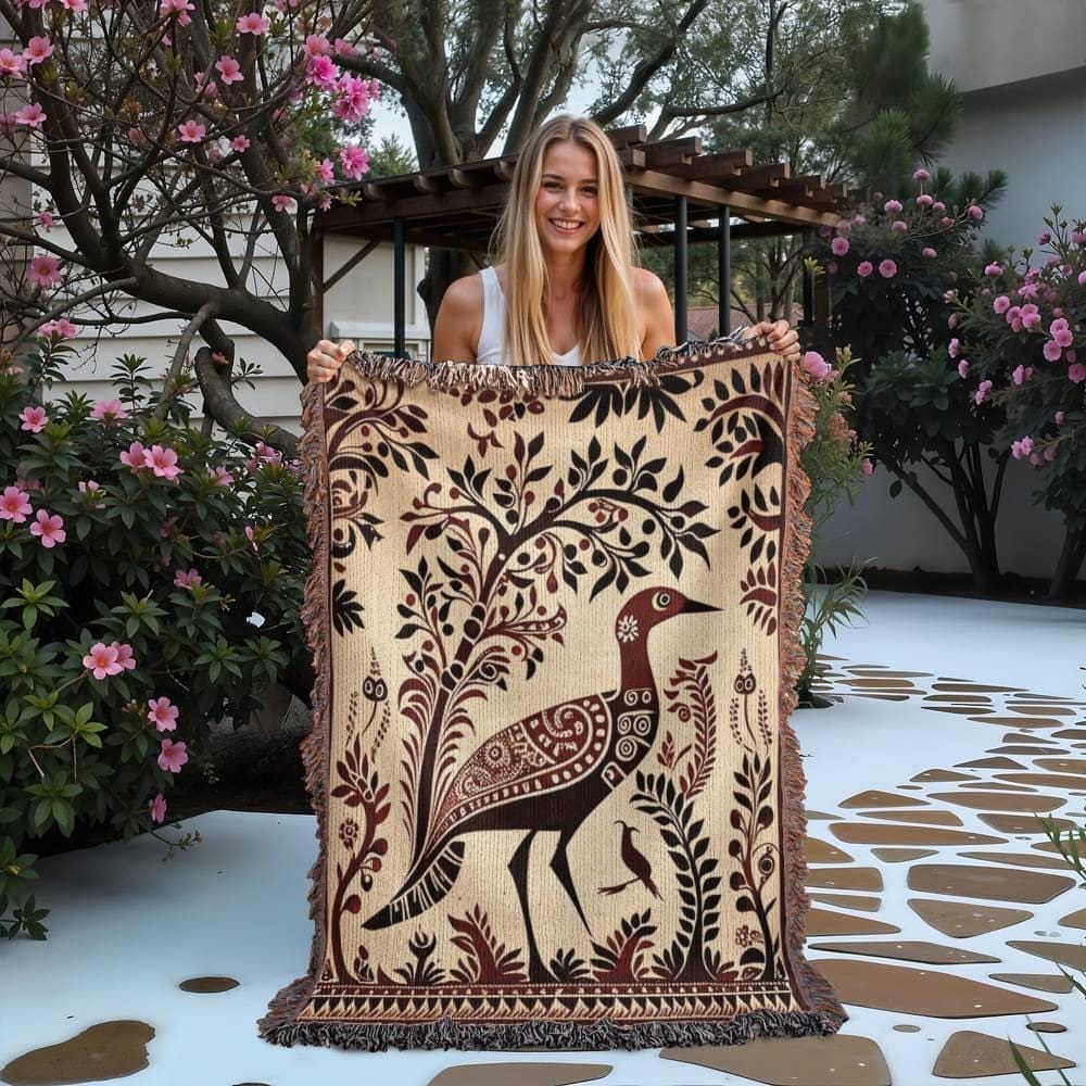 FOLK ART PEACOCK AND BOTANICAL TREE COTTON TAPESTRY THROW BLANKET - Image 7