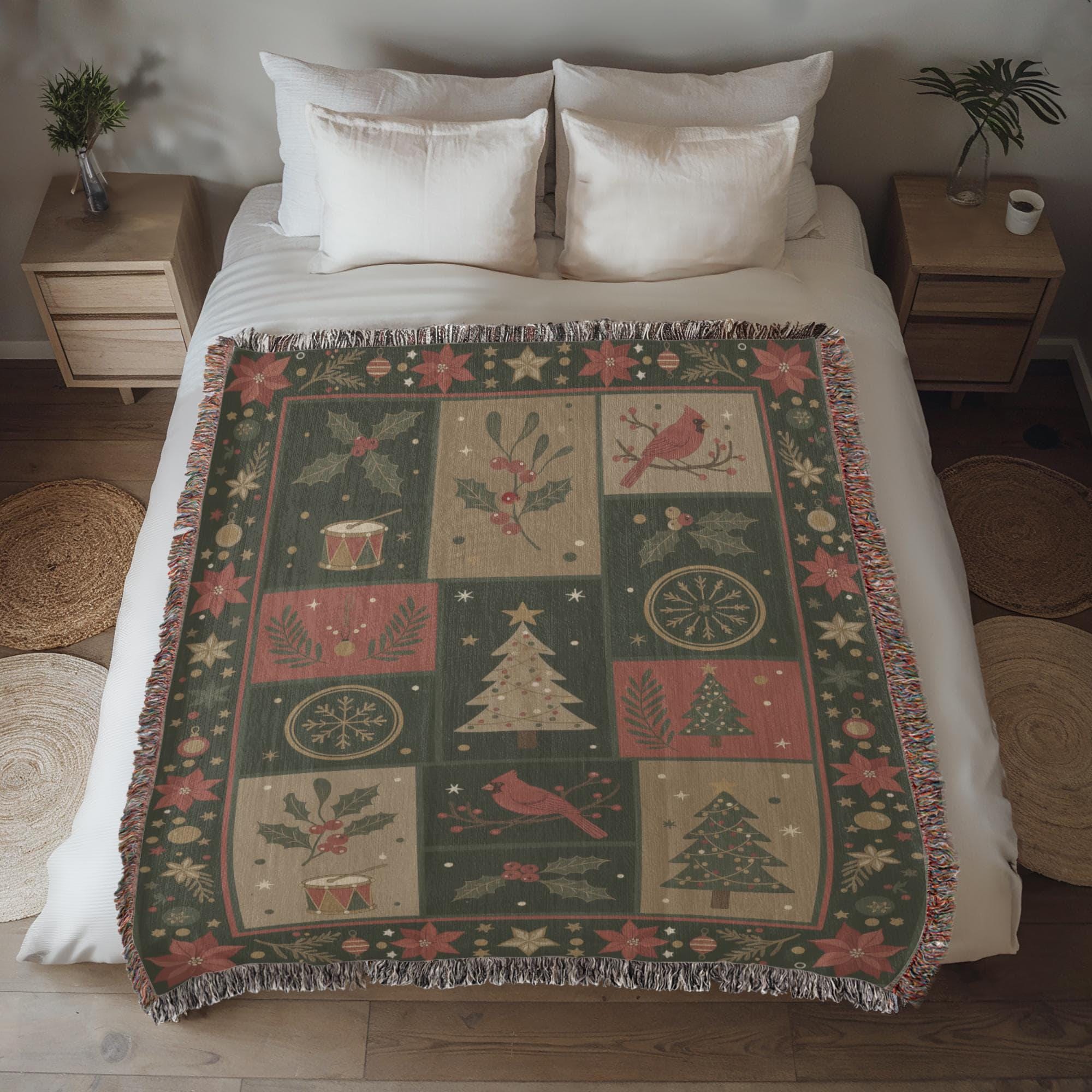 VINTAGE CARDINAL CHRISTMAS PATCHWORK COTTON TAPESTRY THROW BLANKET