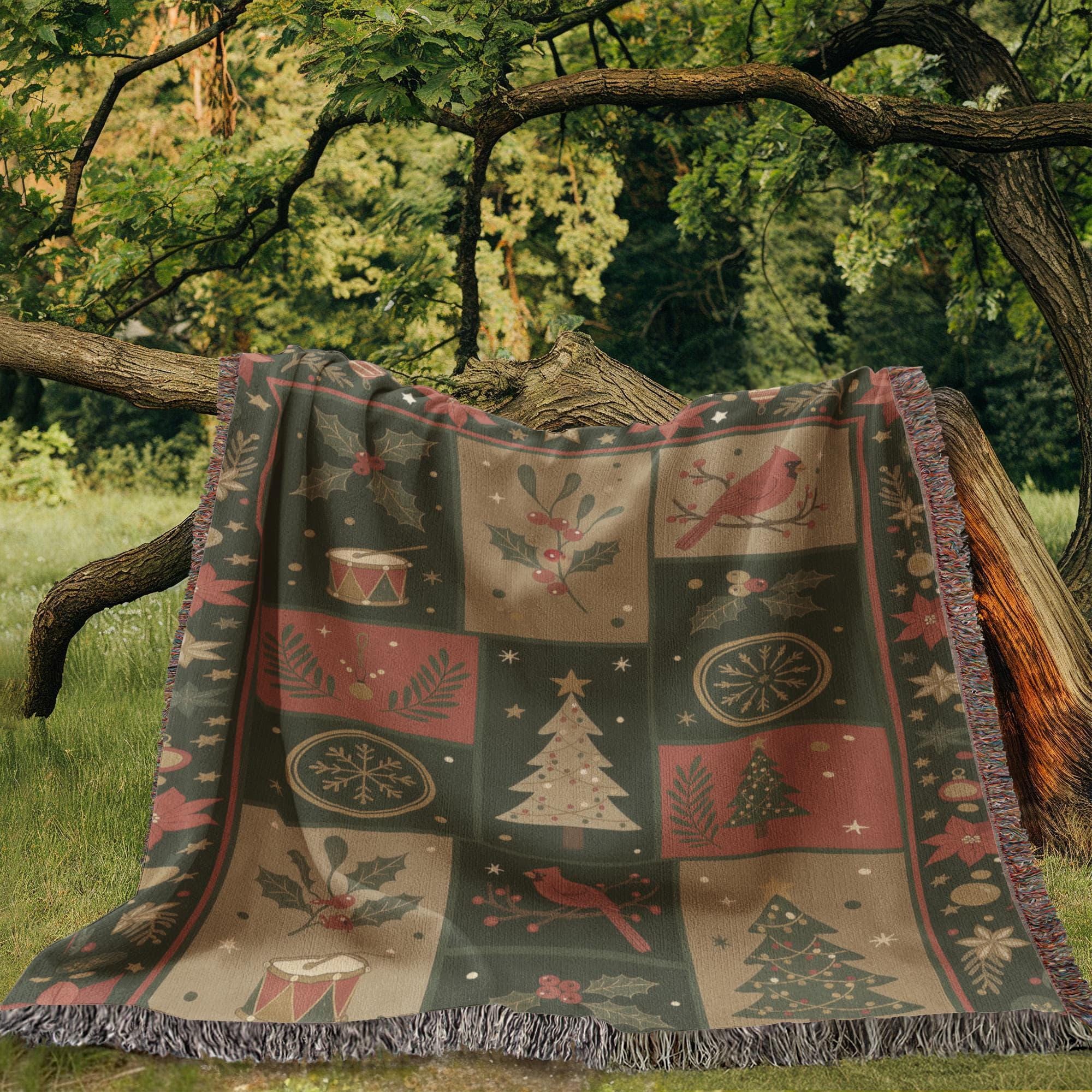 VINTAGE CARDINAL CHRISTMAS PATCHWORK COTTON TAPESTRY THROW BLANKET - Image 3
