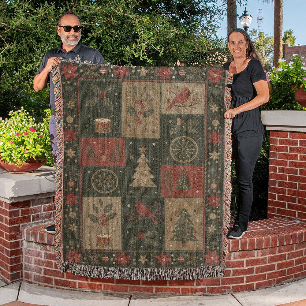 VINTAGE CARDINAL CHRISTMAS PATCHWORK COTTON TAPESTRY THROW BLANKET - Image 4