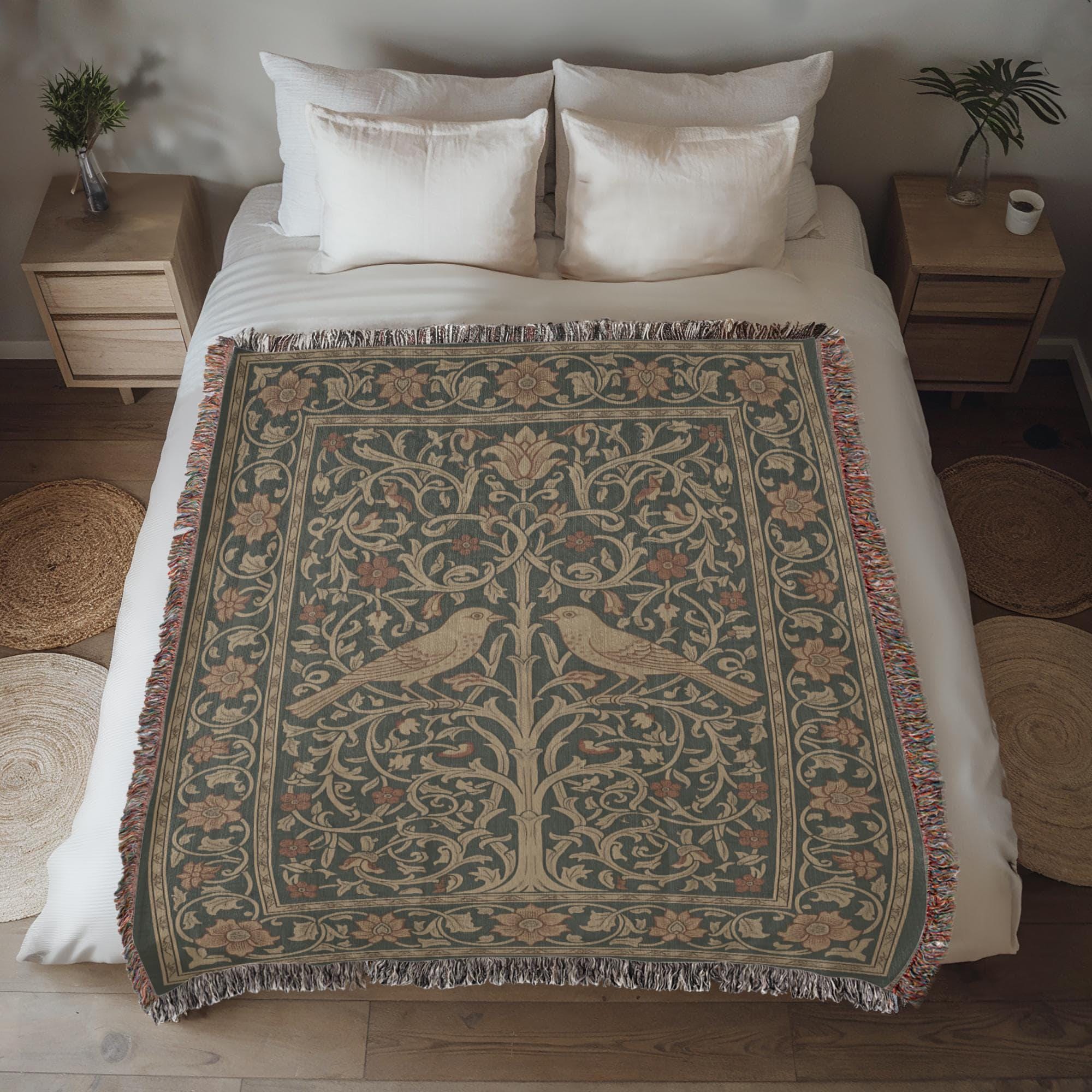 PEACOCK TREE OF LIFE VINTAGE COTTON TAPESTRY THROW BLANKET