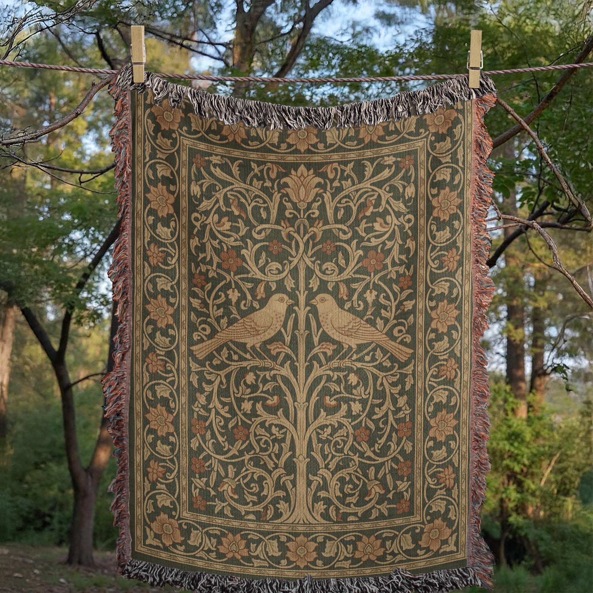 PEACOCK TREE OF LIFE VINTAGE COTTON TAPESTRY THROW BLANKET - Image 2