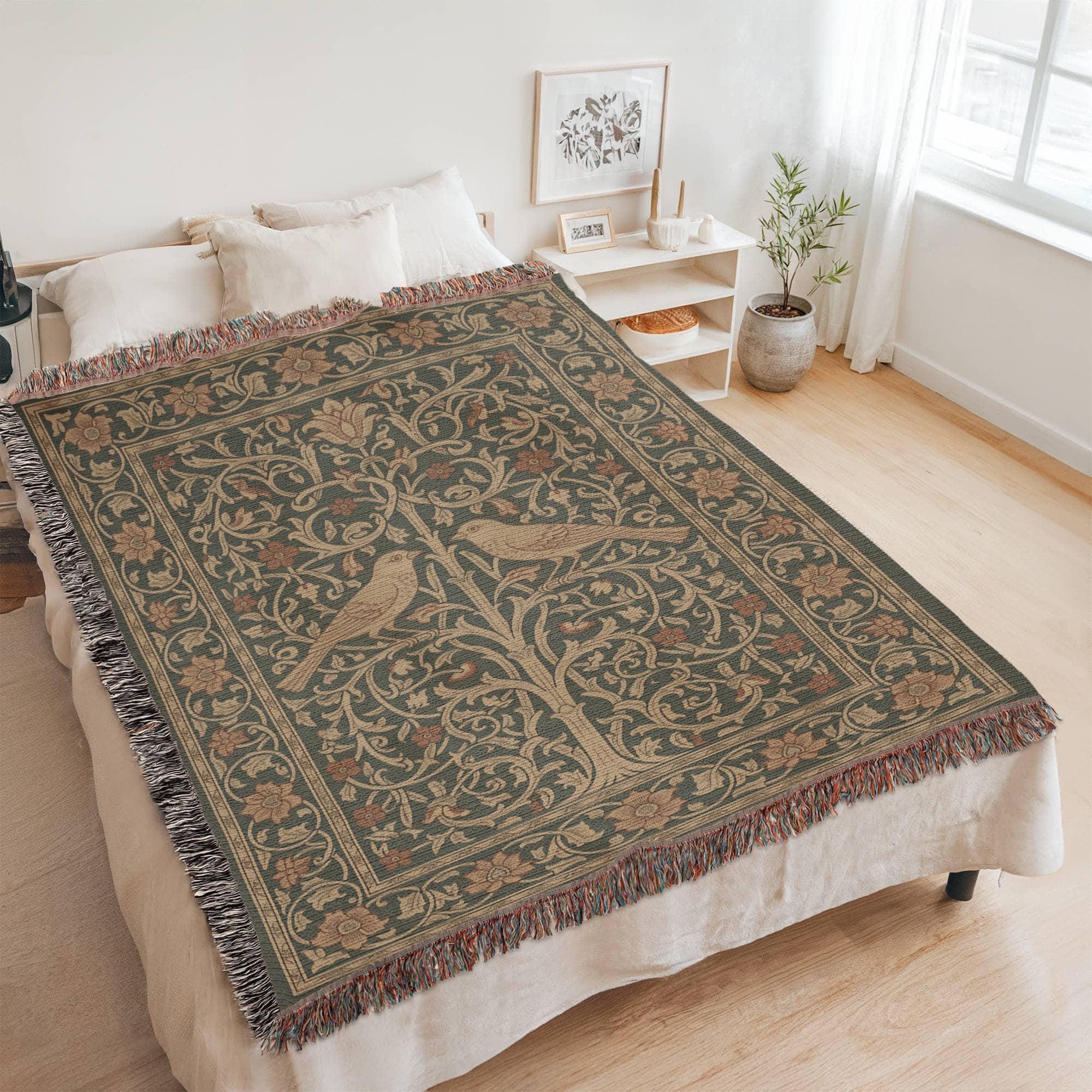 PEACOCK TREE OF LIFE VINTAGE COTTON TAPESTRY THROW BLANKET - Image 3