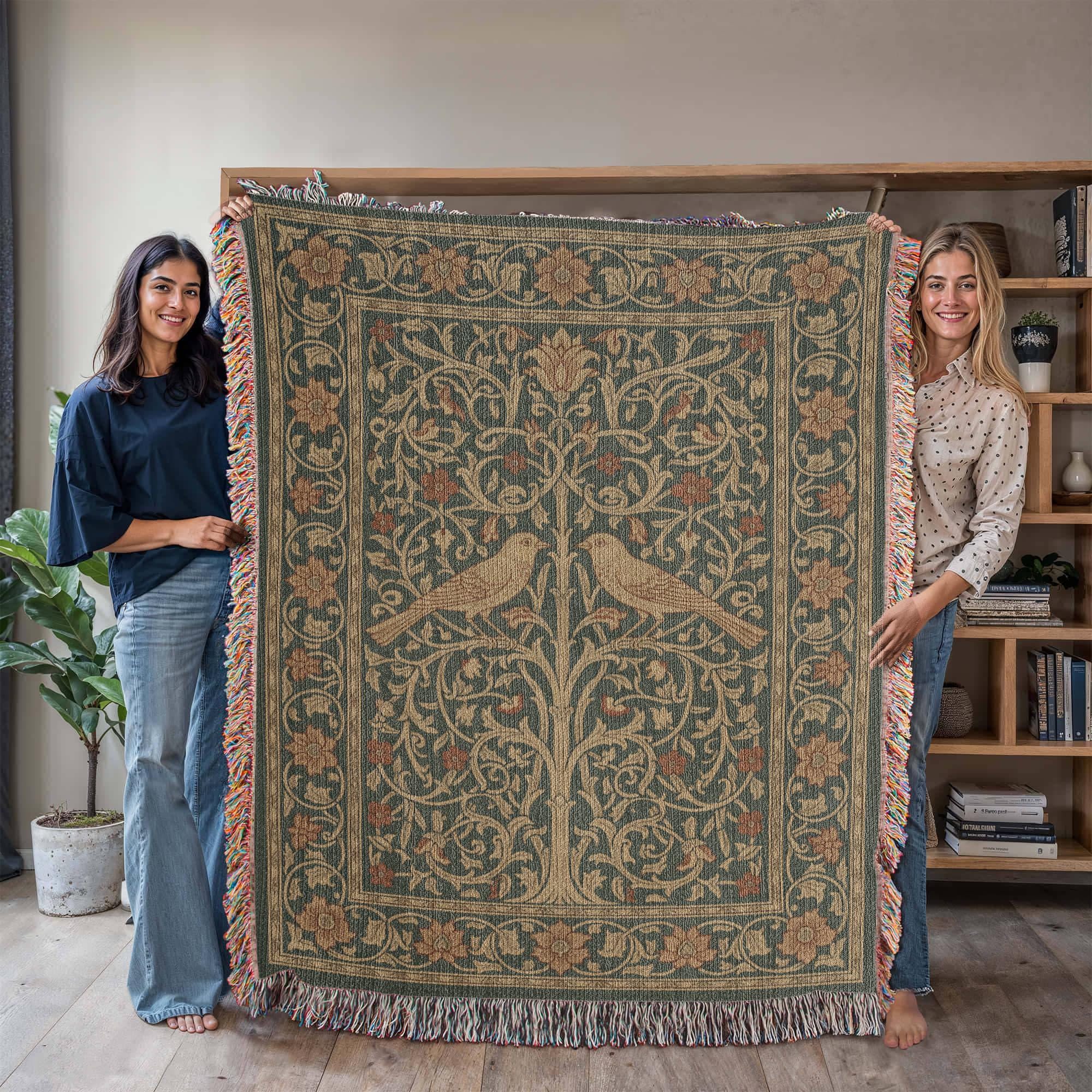 PEACOCK TREE OF LIFE VINTAGE COTTON TAPESTRY THROW BLANKET - Image 4