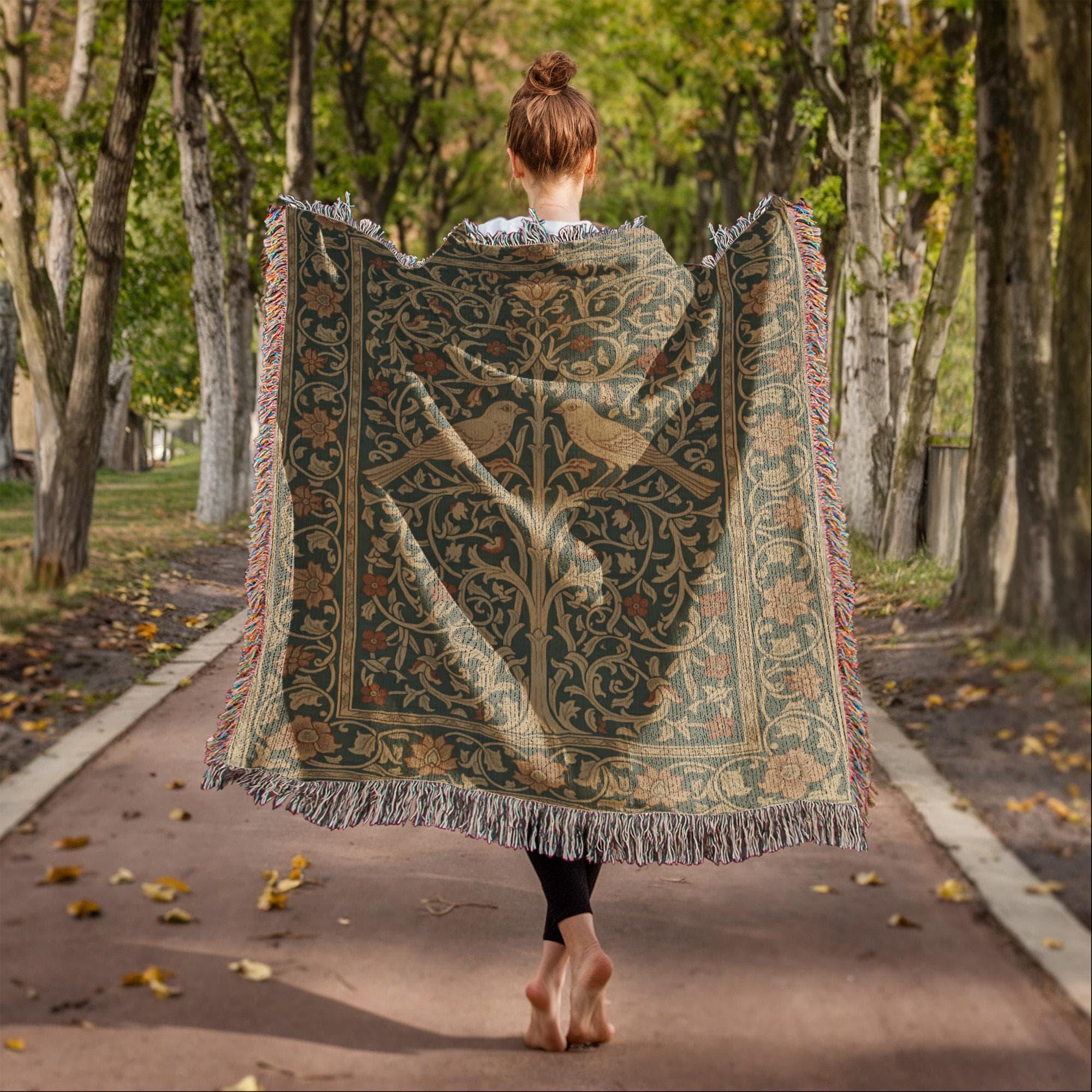 PEACOCK TREE OF LIFE VINTAGE COTTON TAPESTRY THROW BLANKET - Image 5