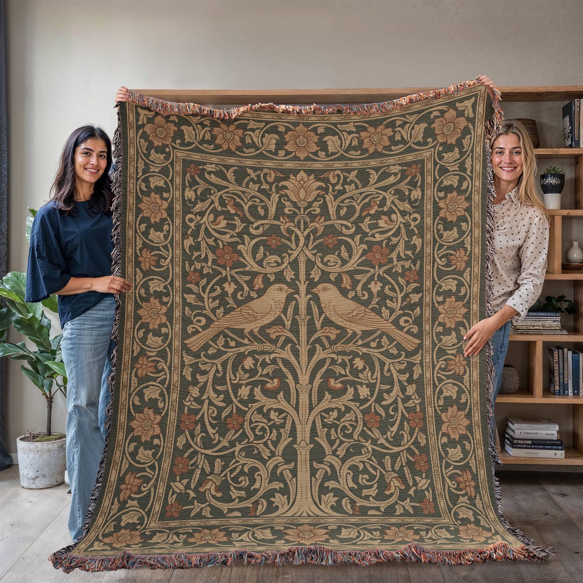 PEACOCK TREE OF LIFE VINTAGE COTTON TAPESTRY THROW BLANKET - Image 6