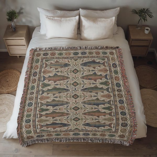 VINTAGE RIVER TROUT AND FISH COTTON TAPESTRY THROW BLANKET