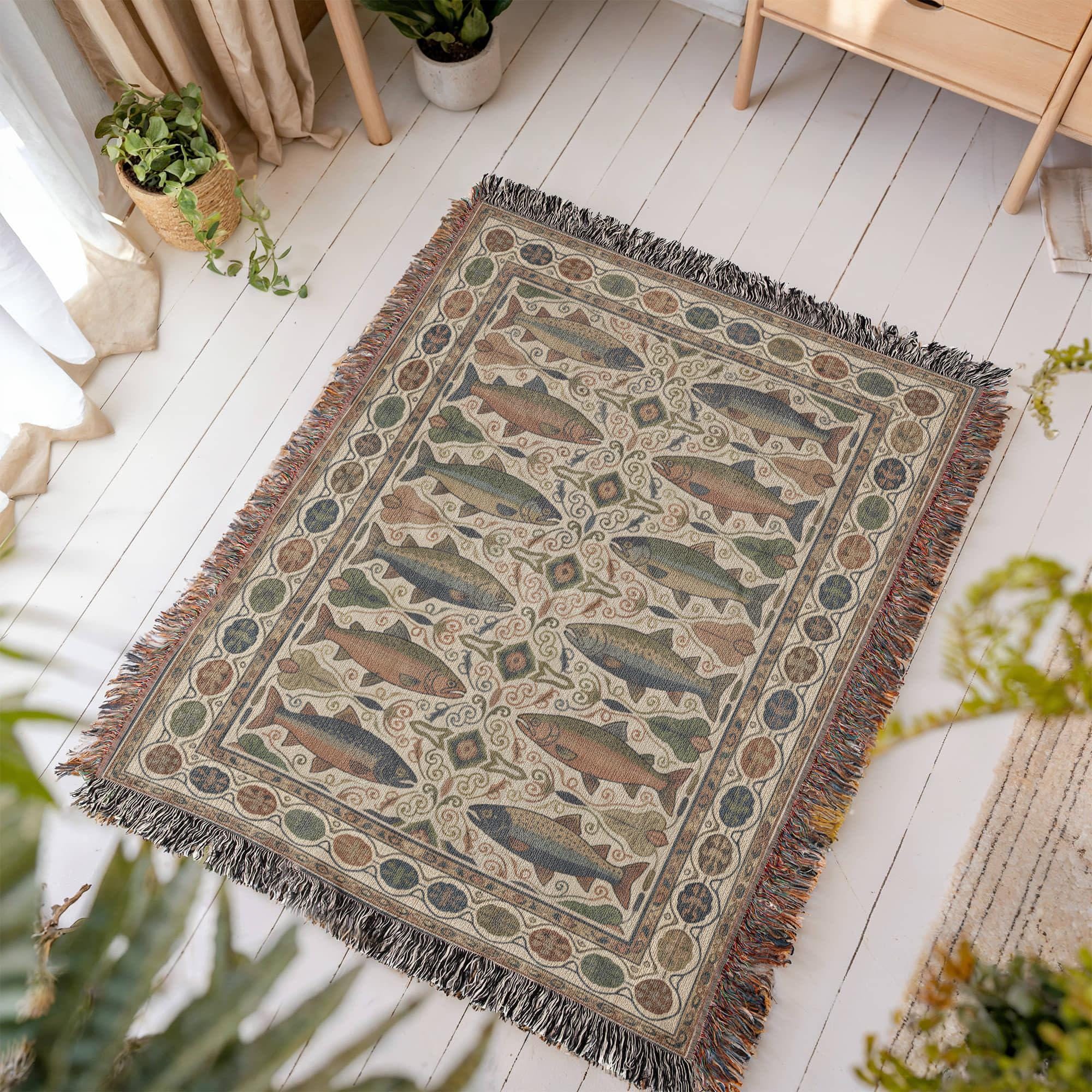 VINTAGE RIVER TROUT AND FISH COTTON TAPESTRY THROW BLANKET - Image 3