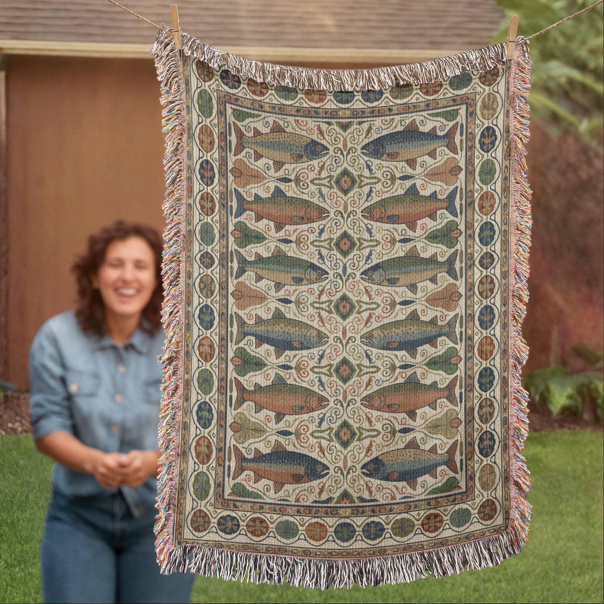 VINTAGE RIVER TROUT AND FISH COTTON TAPESTRY THROW BLANKET - Image 4