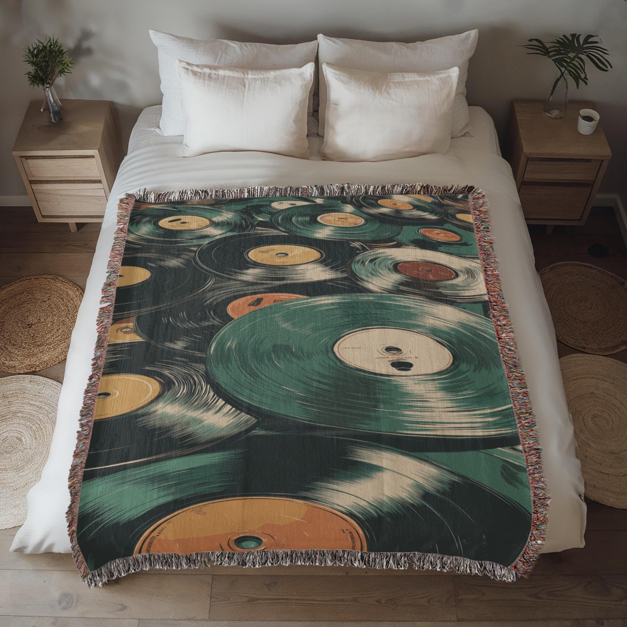 VINTAGE VINYL RECORD COLLECTION COTTON TAPESTRY THROW BLANKET