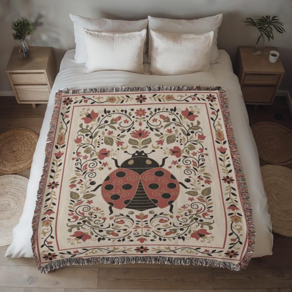 LUCKY LADYBUG AND WILDFLOWER GARDEN COTTON TAPESTRY THROW BLANKET