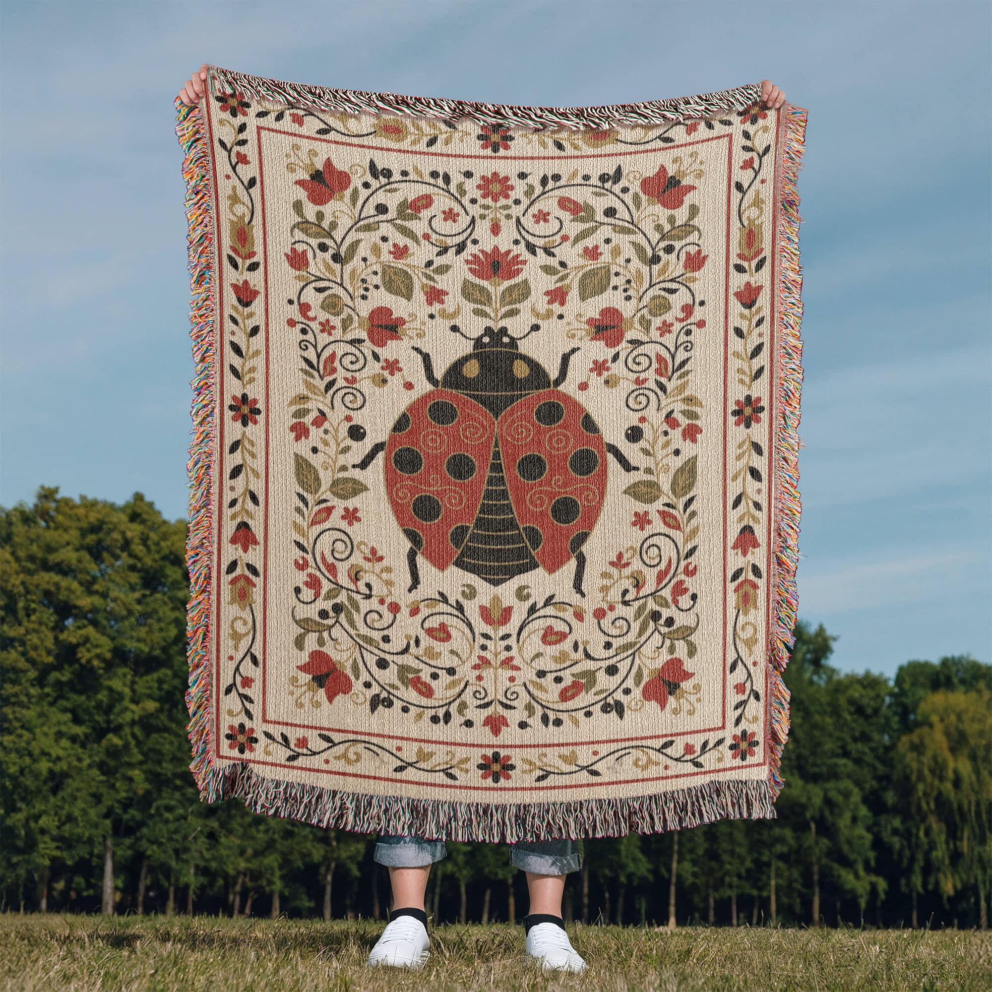 LUCKY LADYBUG AND WILDFLOWER GARDEN COTTON TAPESTRY THROW BLANKET - Image 2