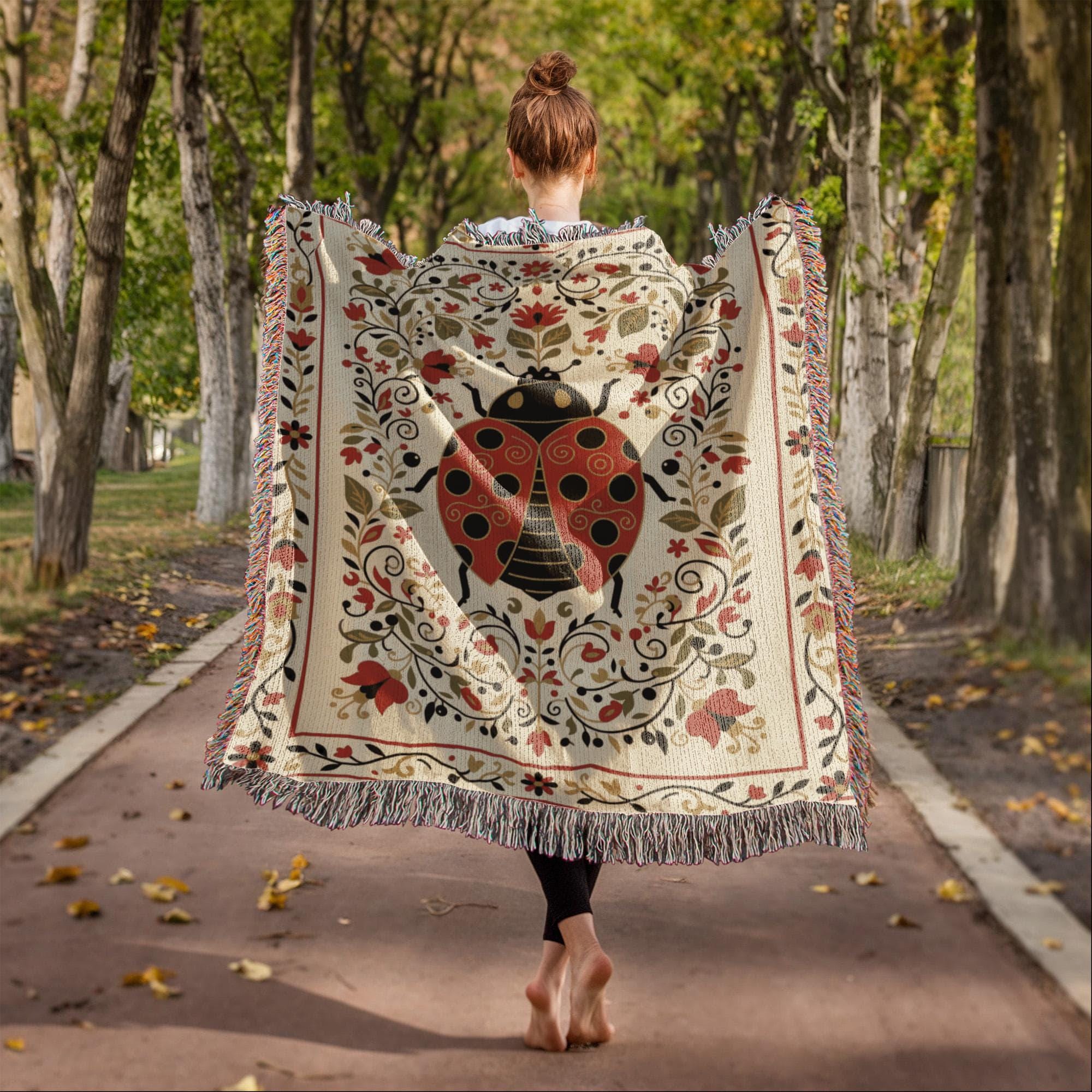 LUCKY LADYBUG AND WILDFLOWER GARDEN COTTON TAPESTRY THROW BLANKET - Image 3