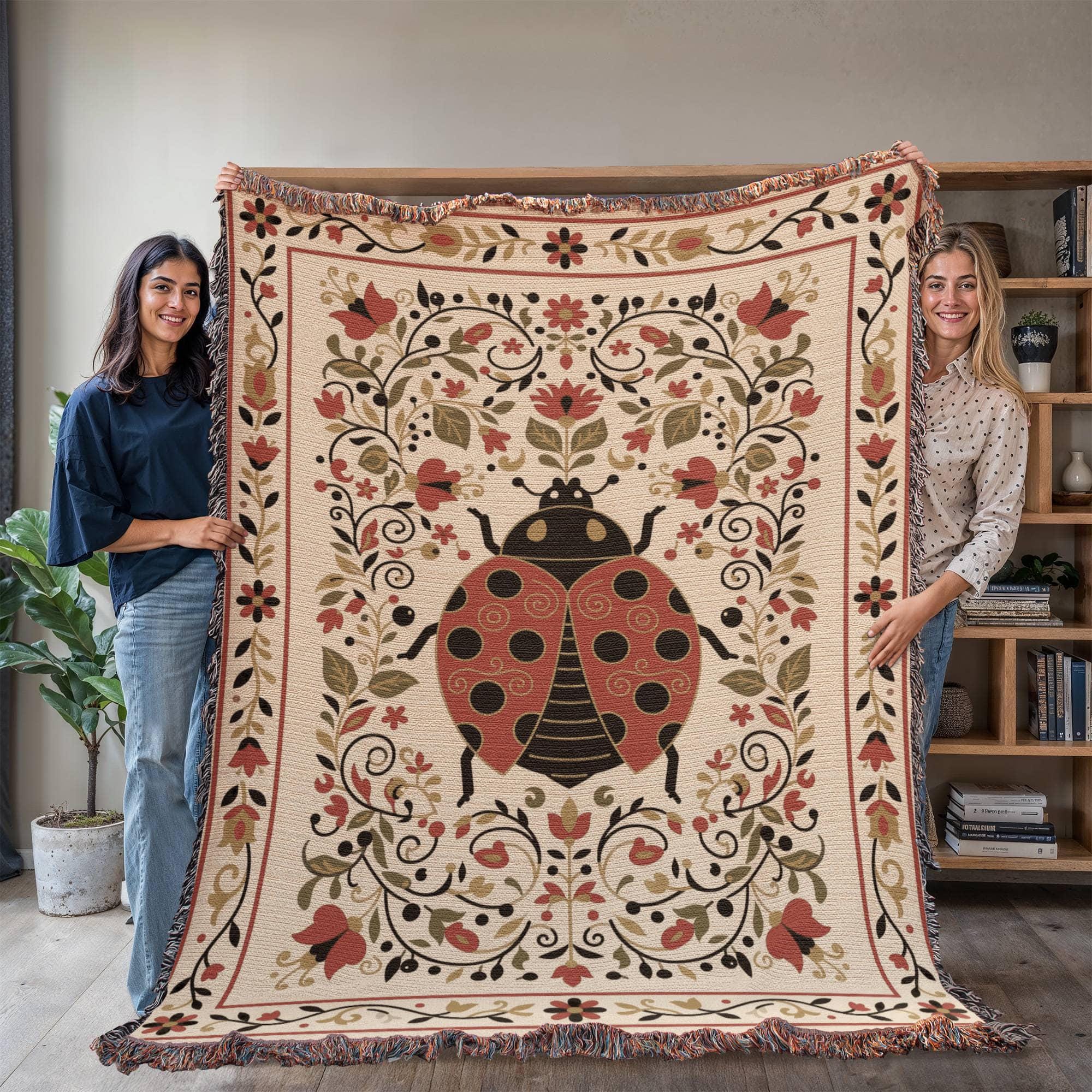 LUCKY LADYBUG AND WILDFLOWER GARDEN COTTON TAPESTRY THROW BLANKET - Image 4