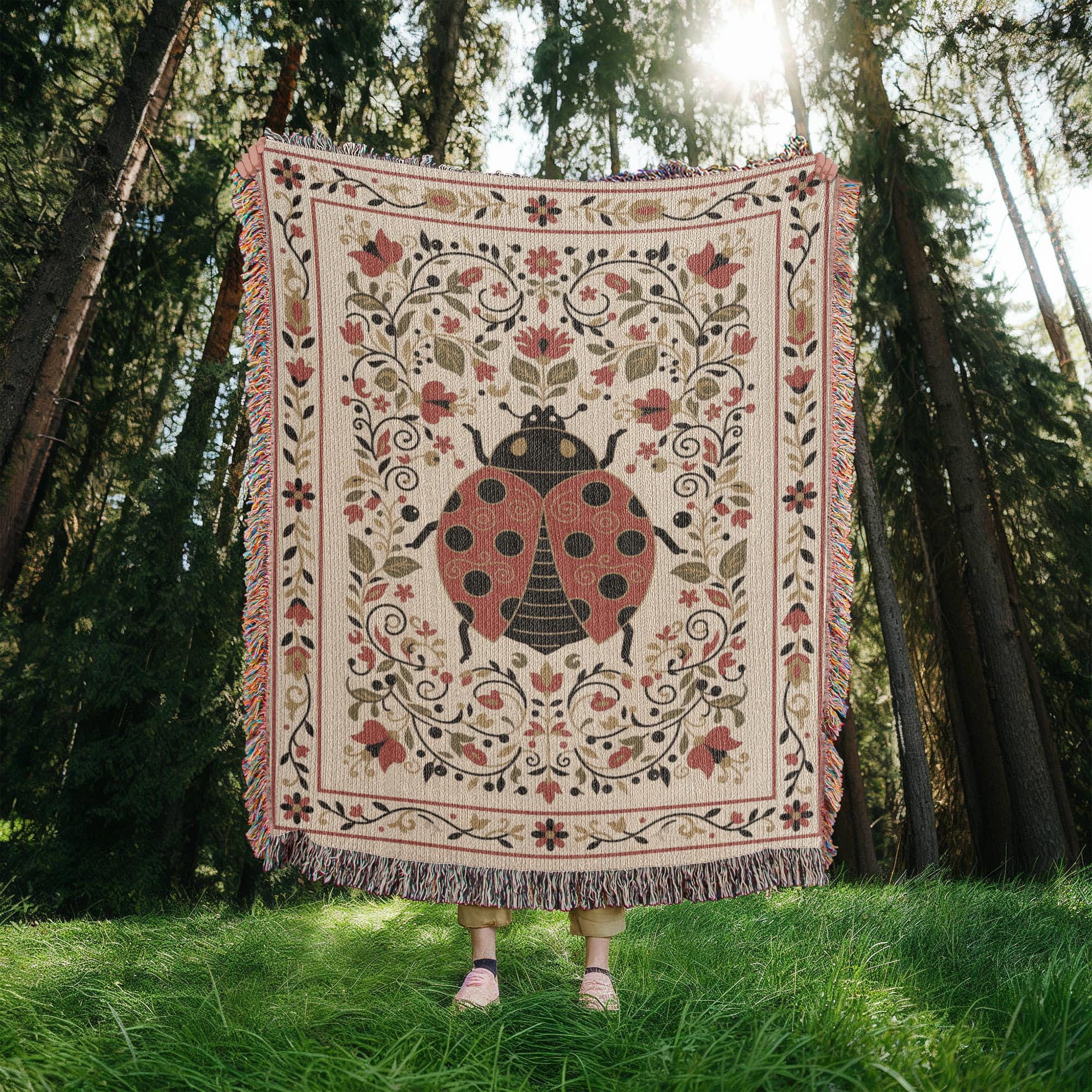 LUCKY LADYBUG AND WILDFLOWER GARDEN COTTON TAPESTRY THROW BLANKET - Image 5