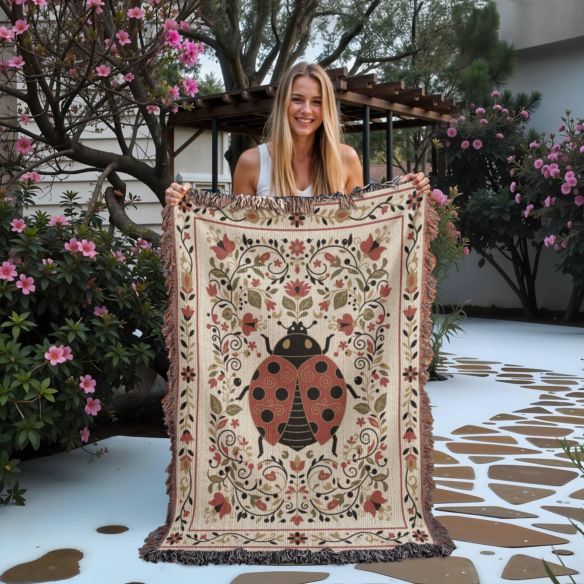 LUCKY LADYBUG AND WILDFLOWER GARDEN COTTON TAPESTRY THROW BLANKET - Image 6