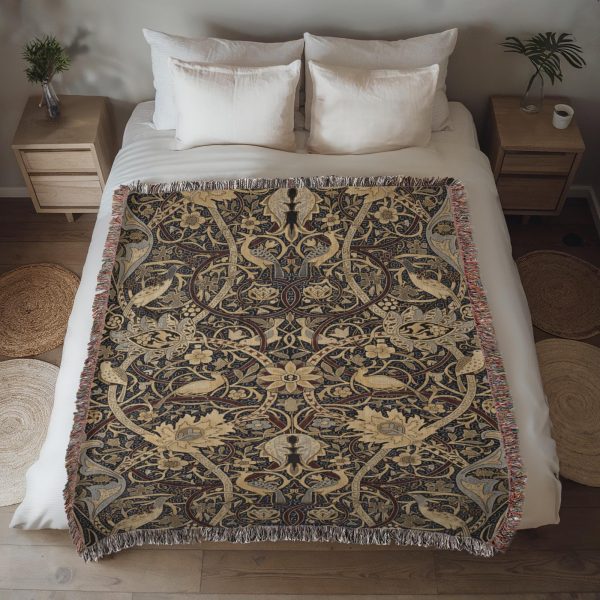 ENCHANTED BIRDS AND VINES VINTAGE COTTON TAPESTRY THROW BLANKET