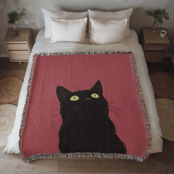 CURIOUS BLACK CAT PORTRAIT COTTON TAPESTRY THROW BLANKET