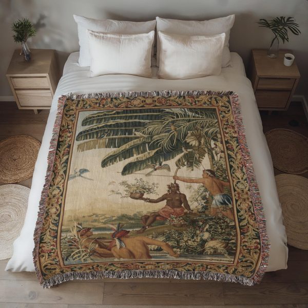 VINTAGE TROPICAL JUNGLE EXPEDITION COTTON TAPESTRY THROW BLANKET